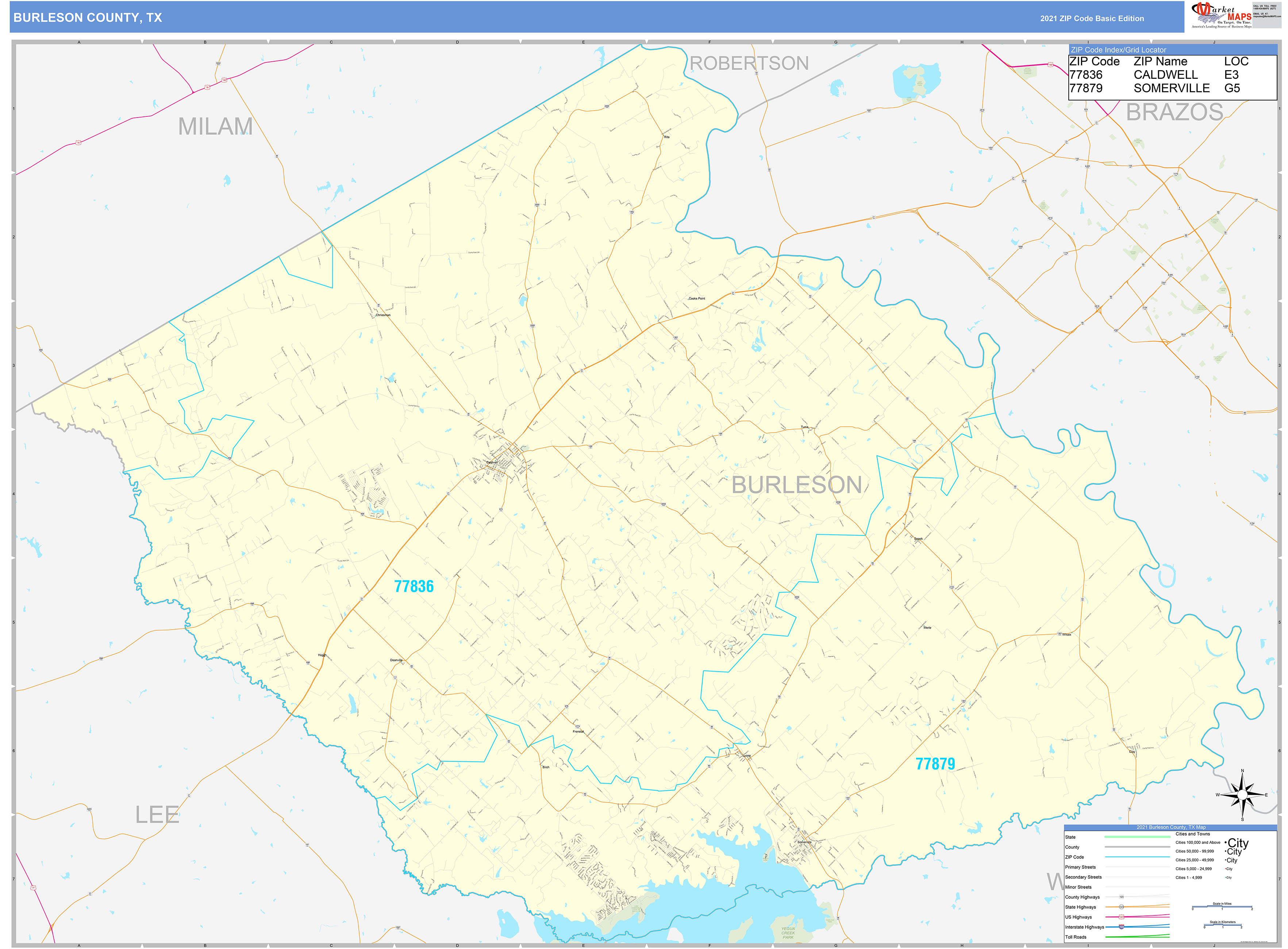 Burleson County, TX Zip Code Wall Map Basic Style by MarketMAPS