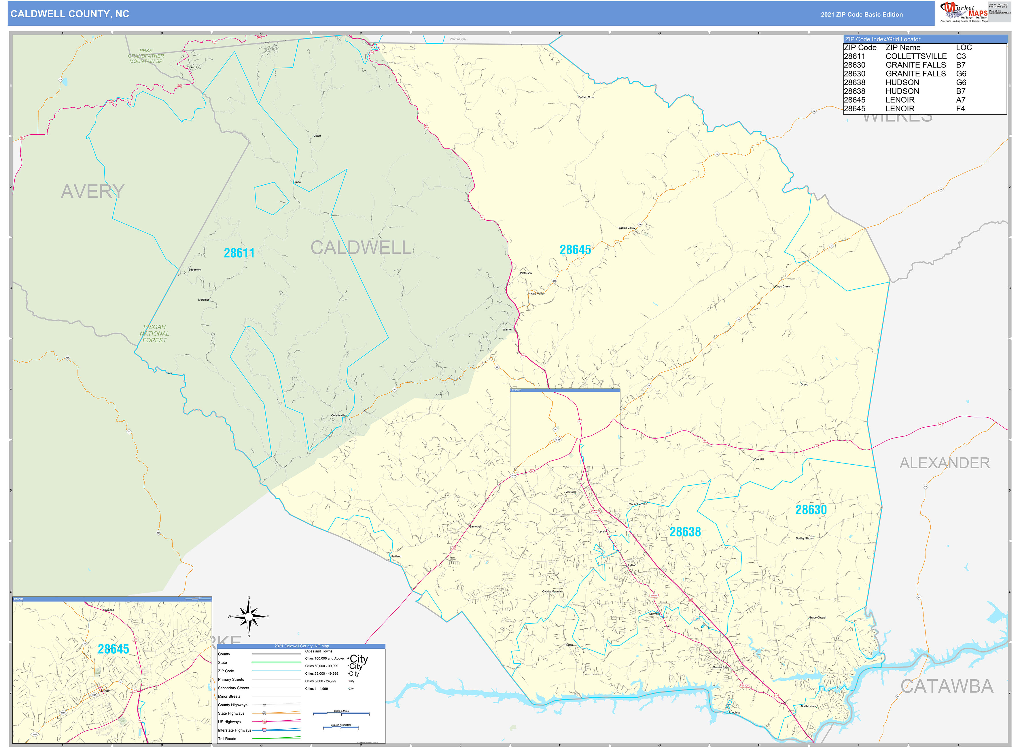 Caldwell County, NC Zip Code Wall Map Basic Style by MarketMAPS MapSales