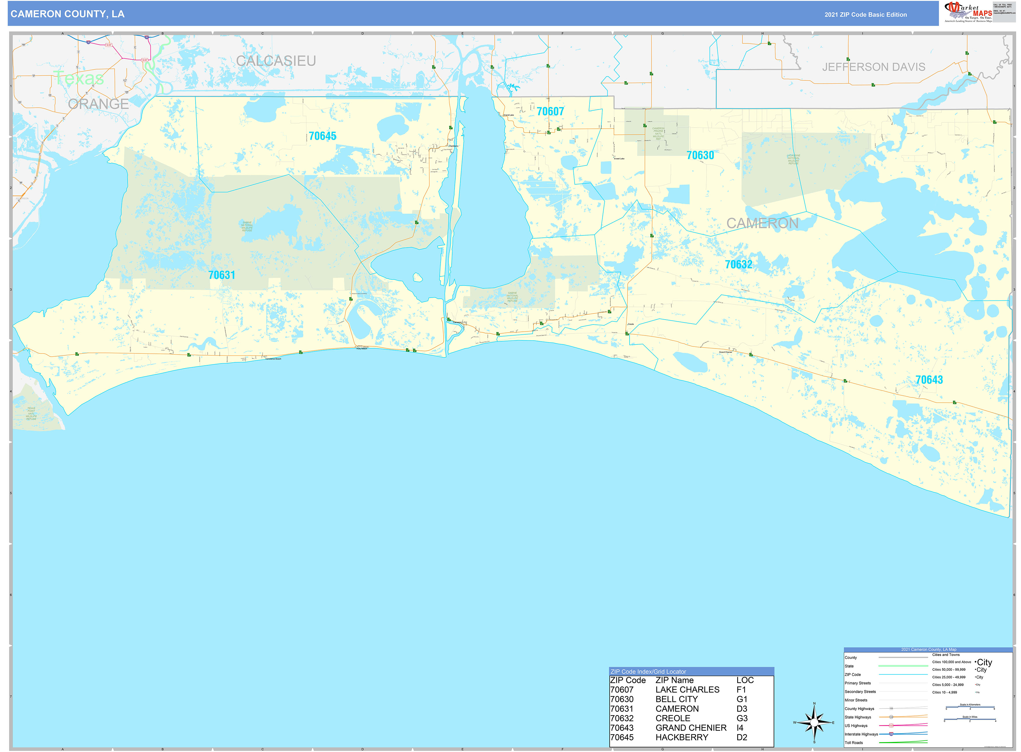 Cameron County, LA Zip Code Wall Map Basic Style by MarketMAPS