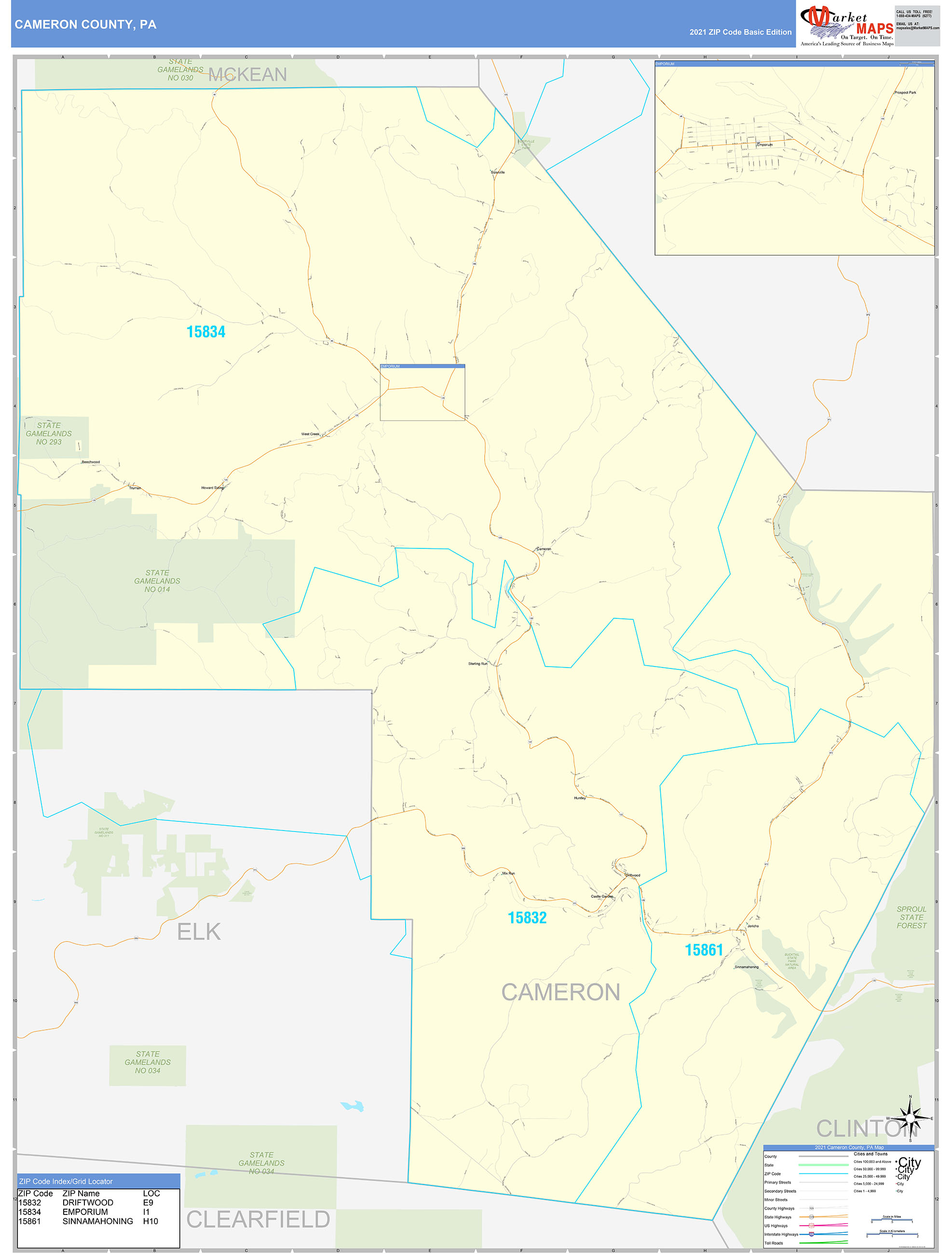 Cameron County, PA Zip Code Wall Map Basic Style by MarketMAPS