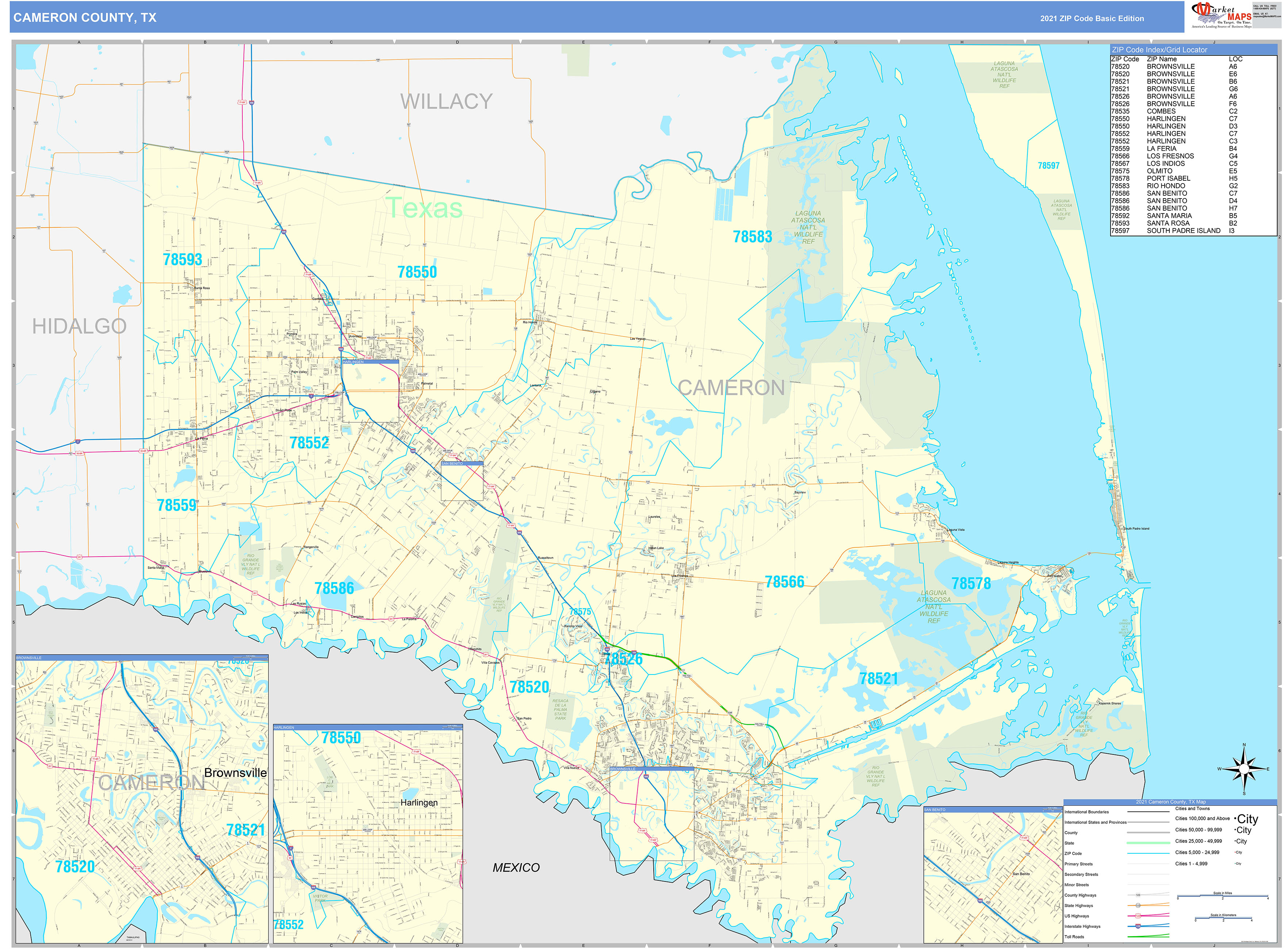 Cameron County Tx Zip Code Wall Map Basic Style By Marketmaps Mapsales 8481