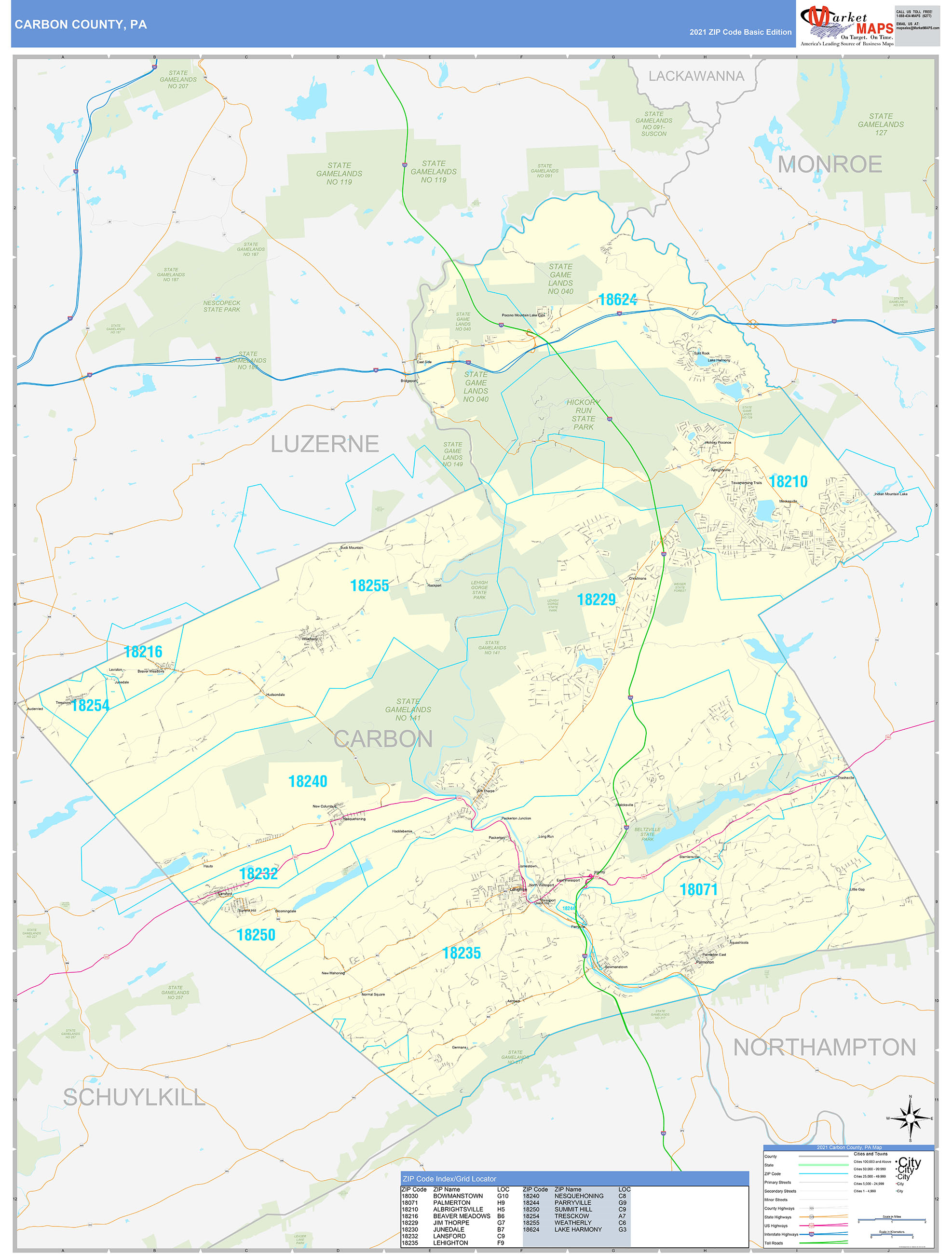 Carbon County, PA Zip Code Wall Map Basic Style by MarketMAPS MapSales