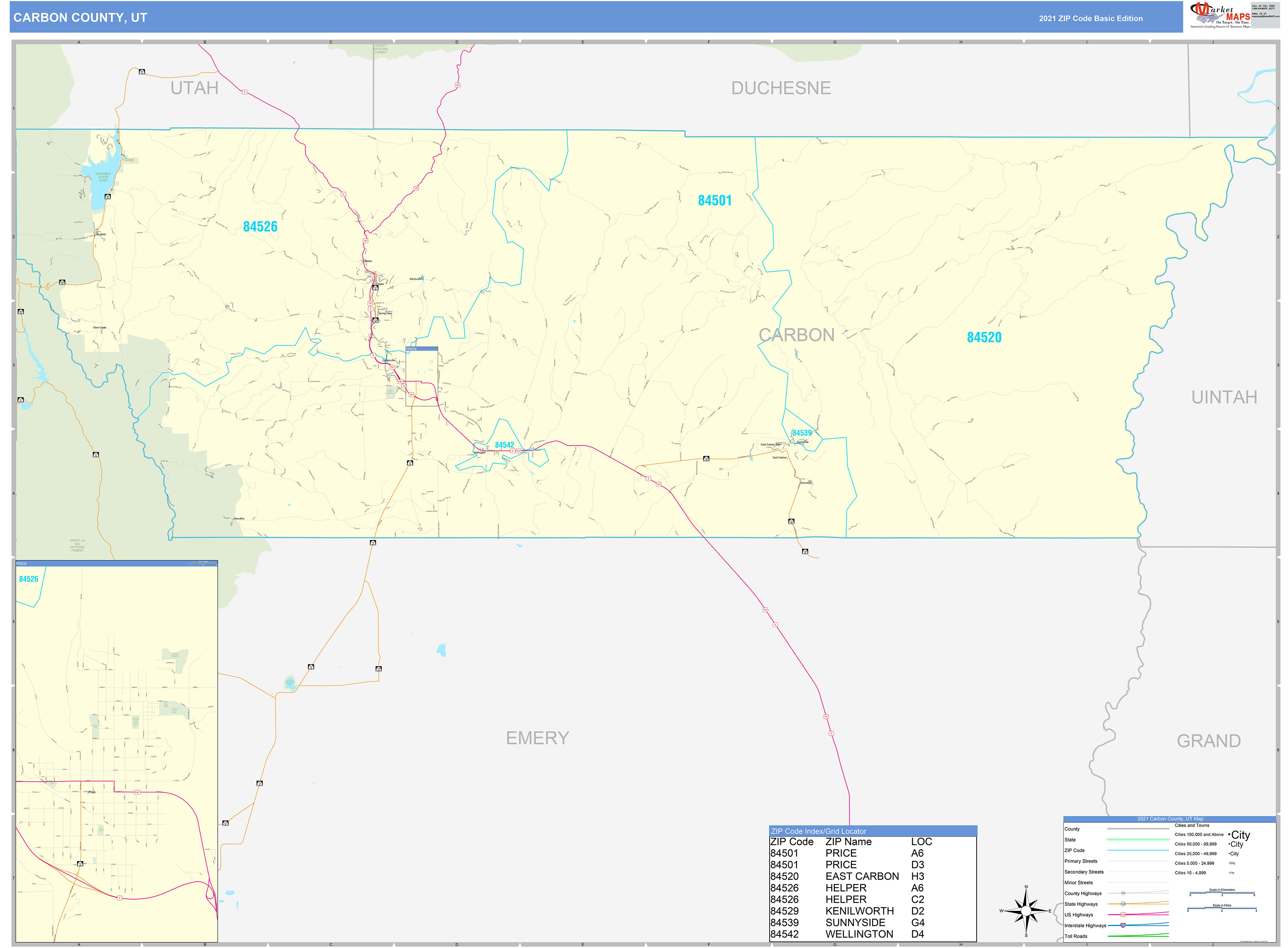 Carbon County, UT Zip Code Wall Map Basic Style by MarketMAPS ...