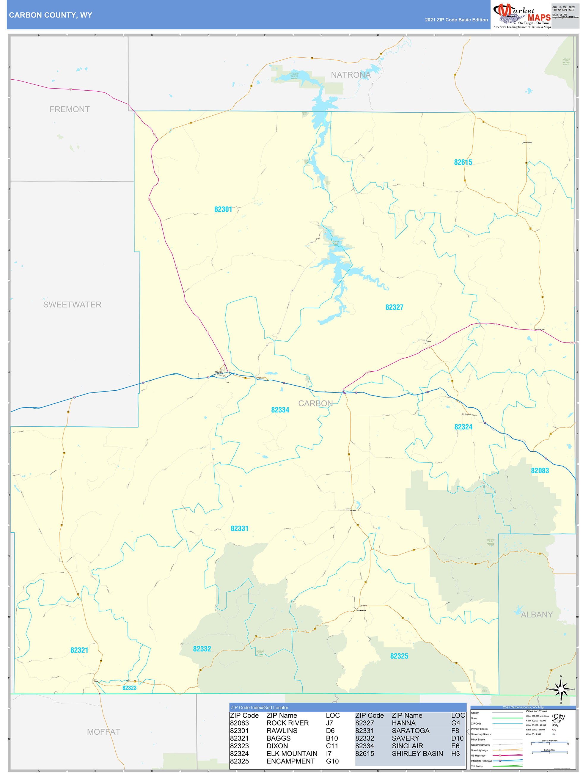 Carbon County, WY Zip Code Wall Map Basic Style by MarketMAPS