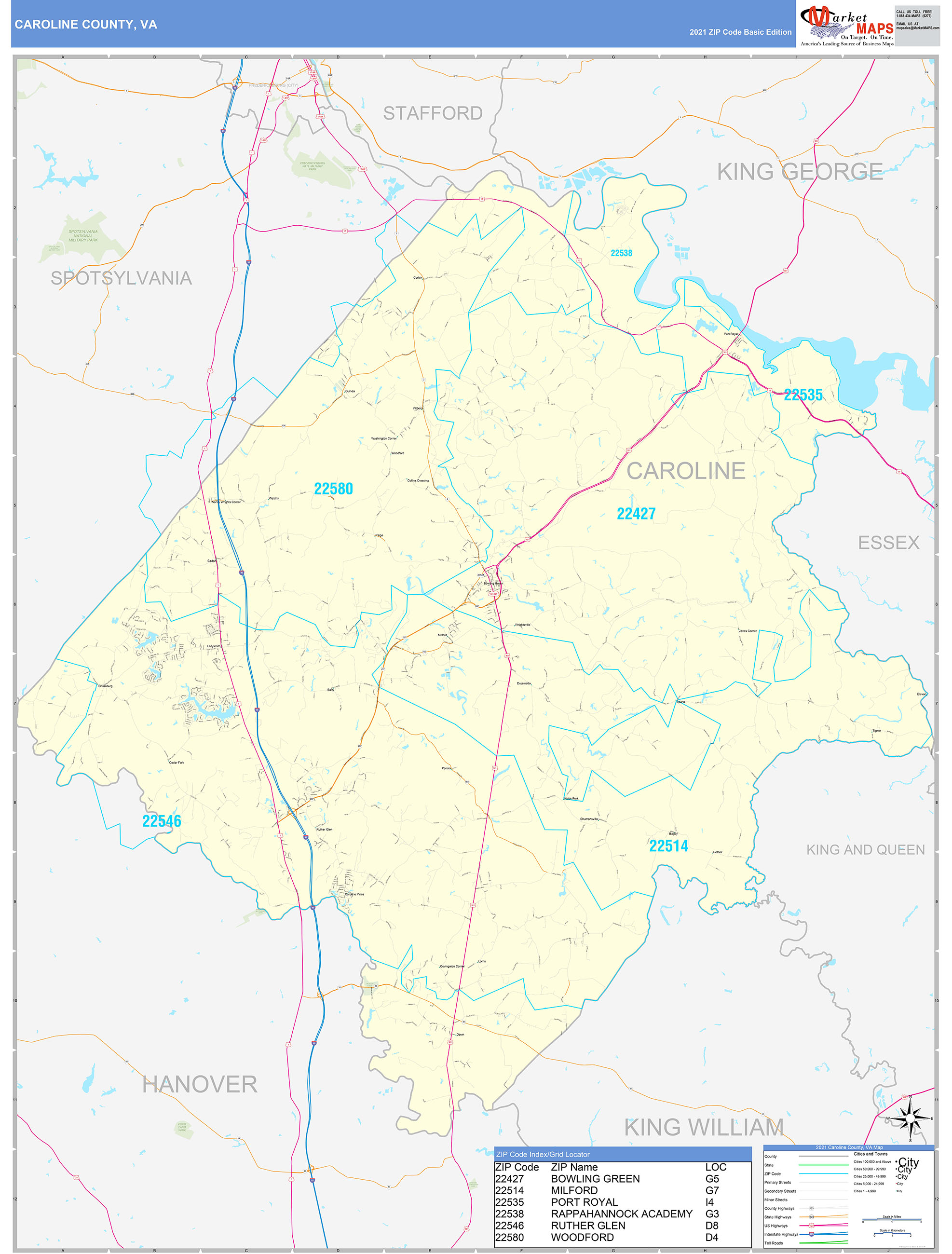 Caroline County, VA Zip Code Wall Map Basic Style by MarketMAPS - MapSales