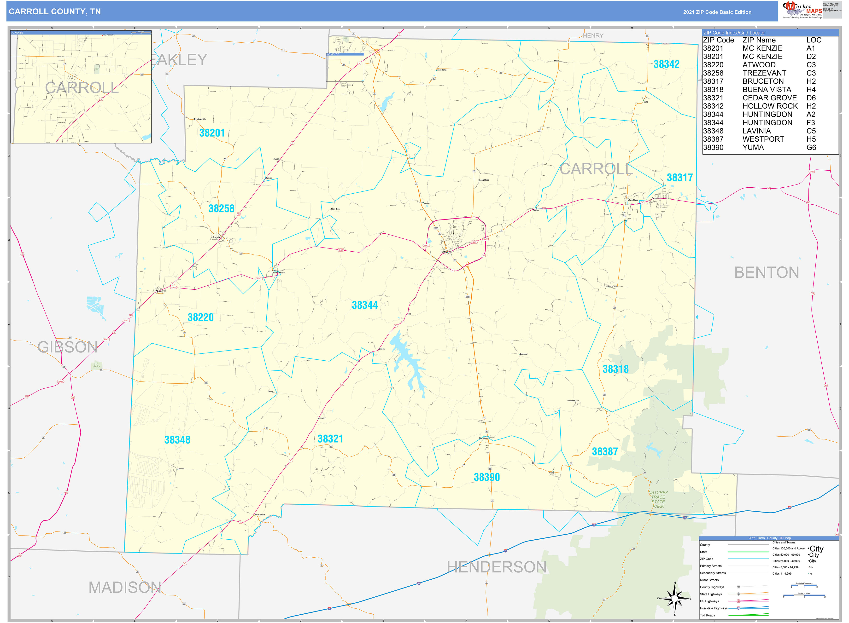 Carroll County, TN Zip Code Wall Map Basic Style by MarketMAPS MapSales