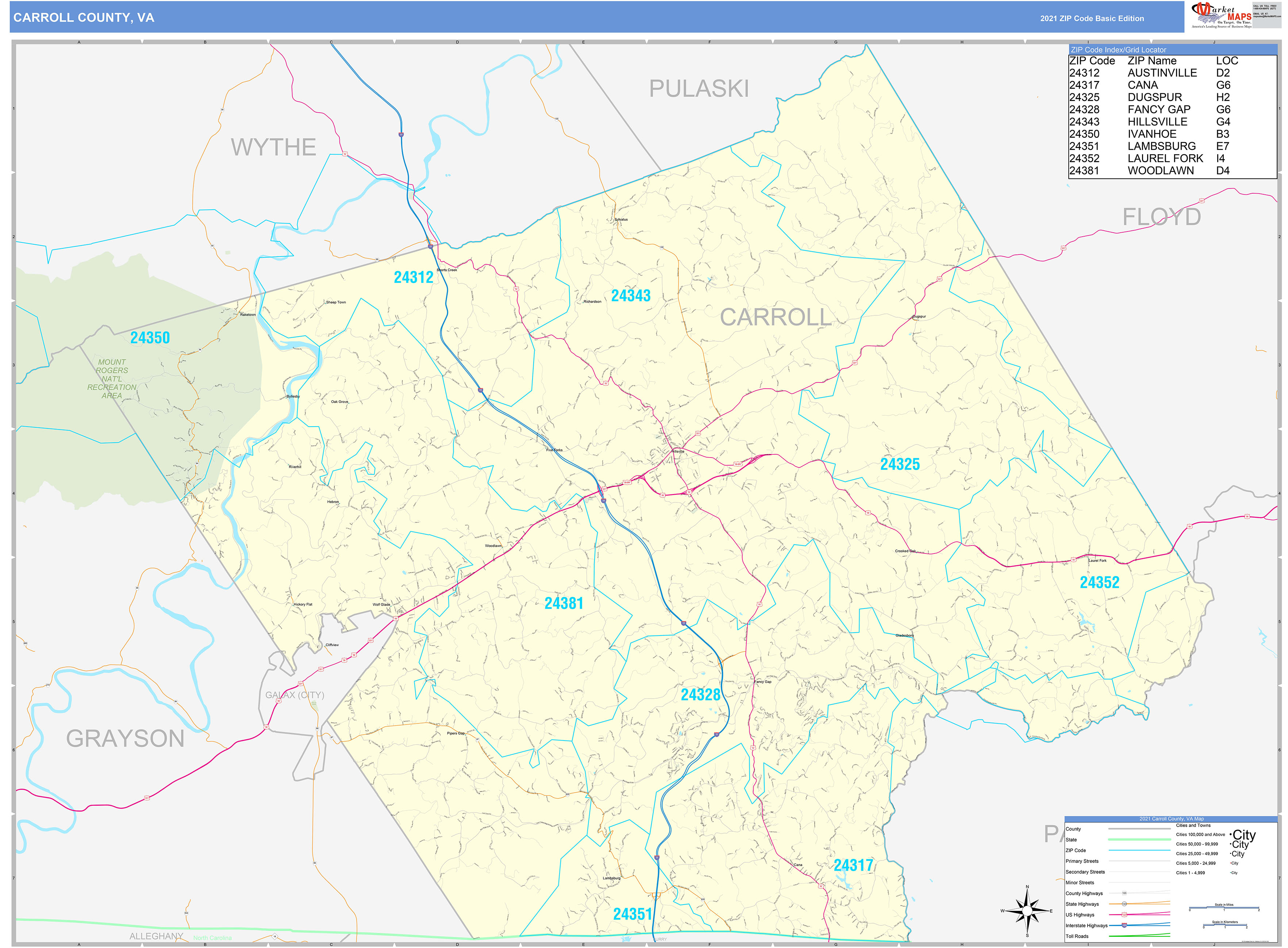 Carroll County, VA Zip Code Wall Map Basic Style by MarketMAPS
