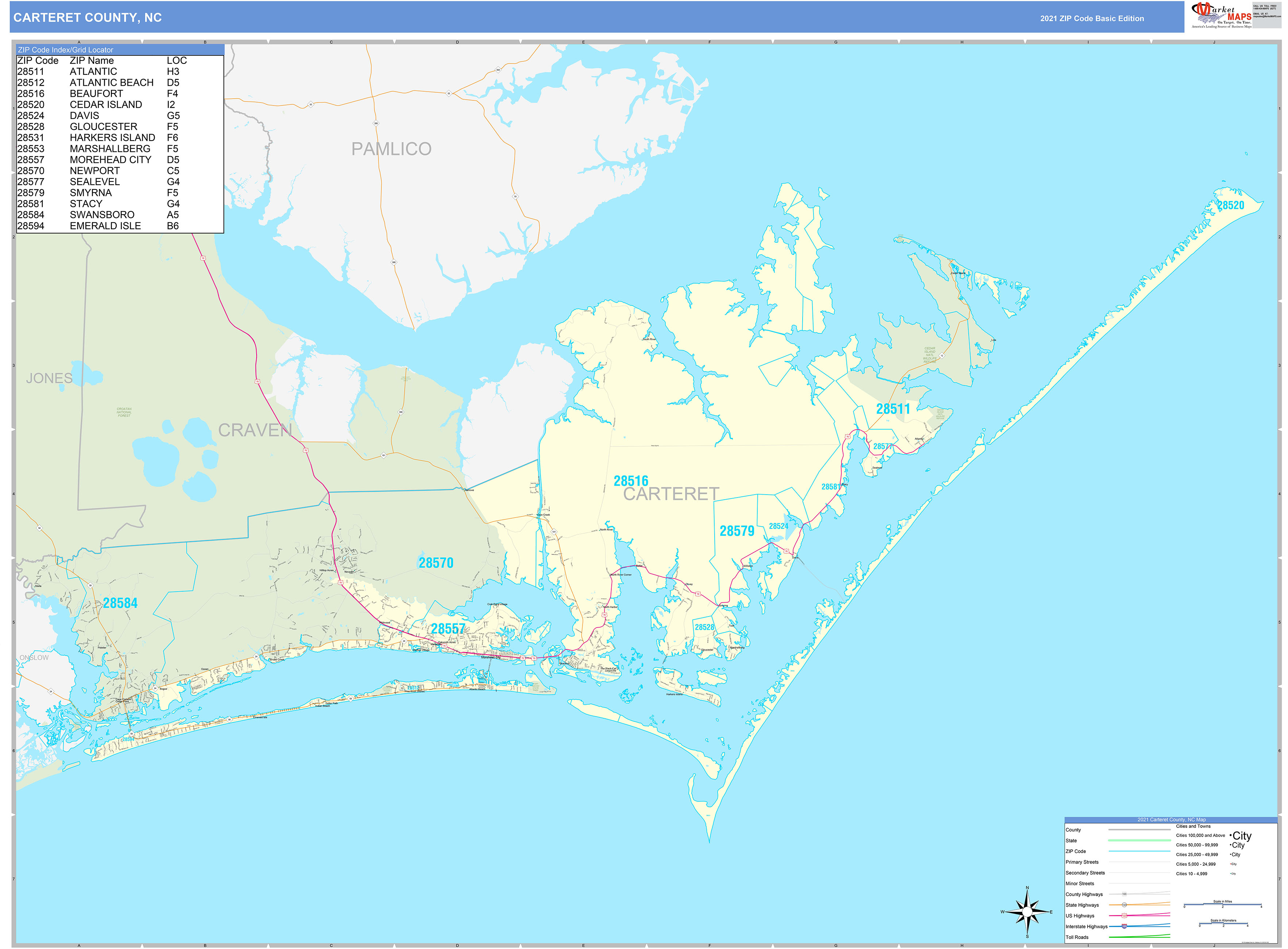 Carteret County, NC Zip Code Wall Map Basic Style by MarketMAPS