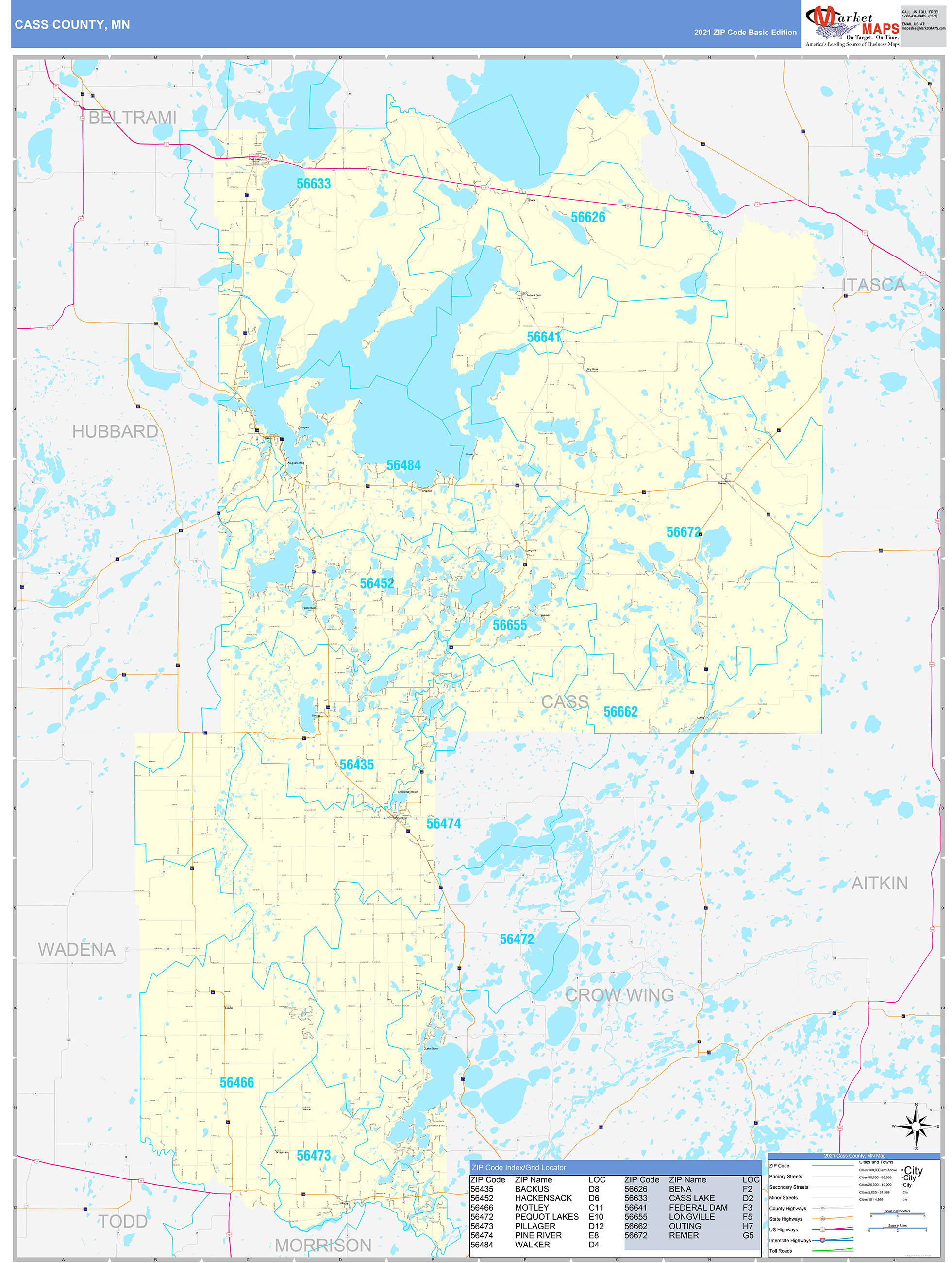 Cass County, MN Zip Code Wall Map Basic Style by MarketMAPS MapSales