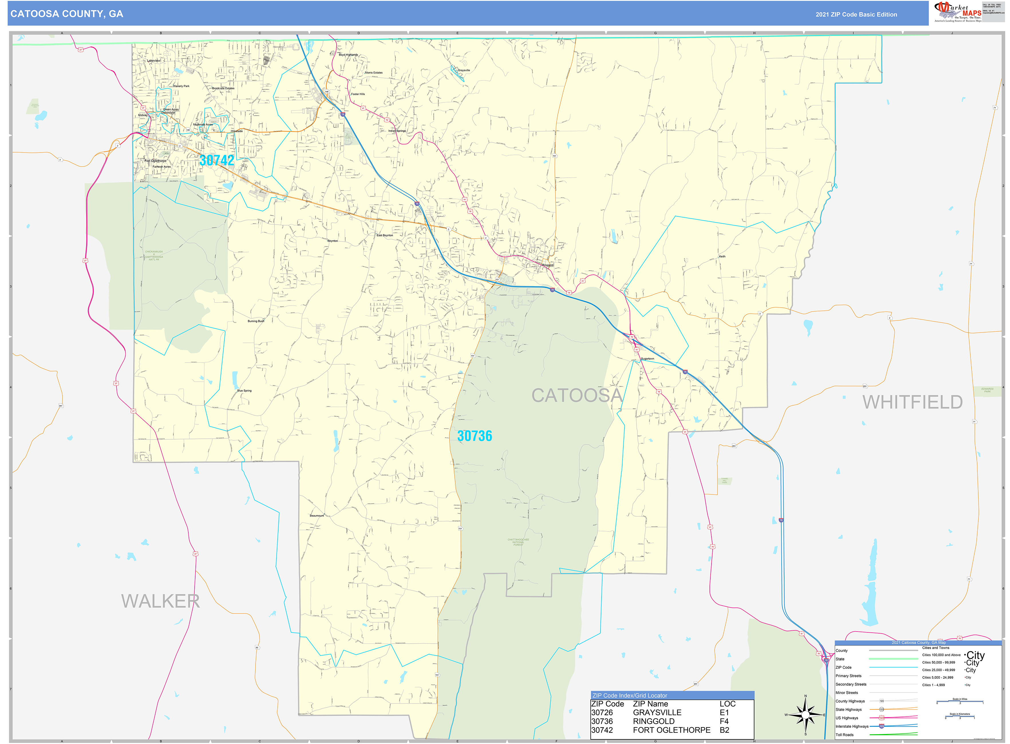 Catoosa County, GA Zip Code Wall Map Basic Style by MarketMAPS MapSales