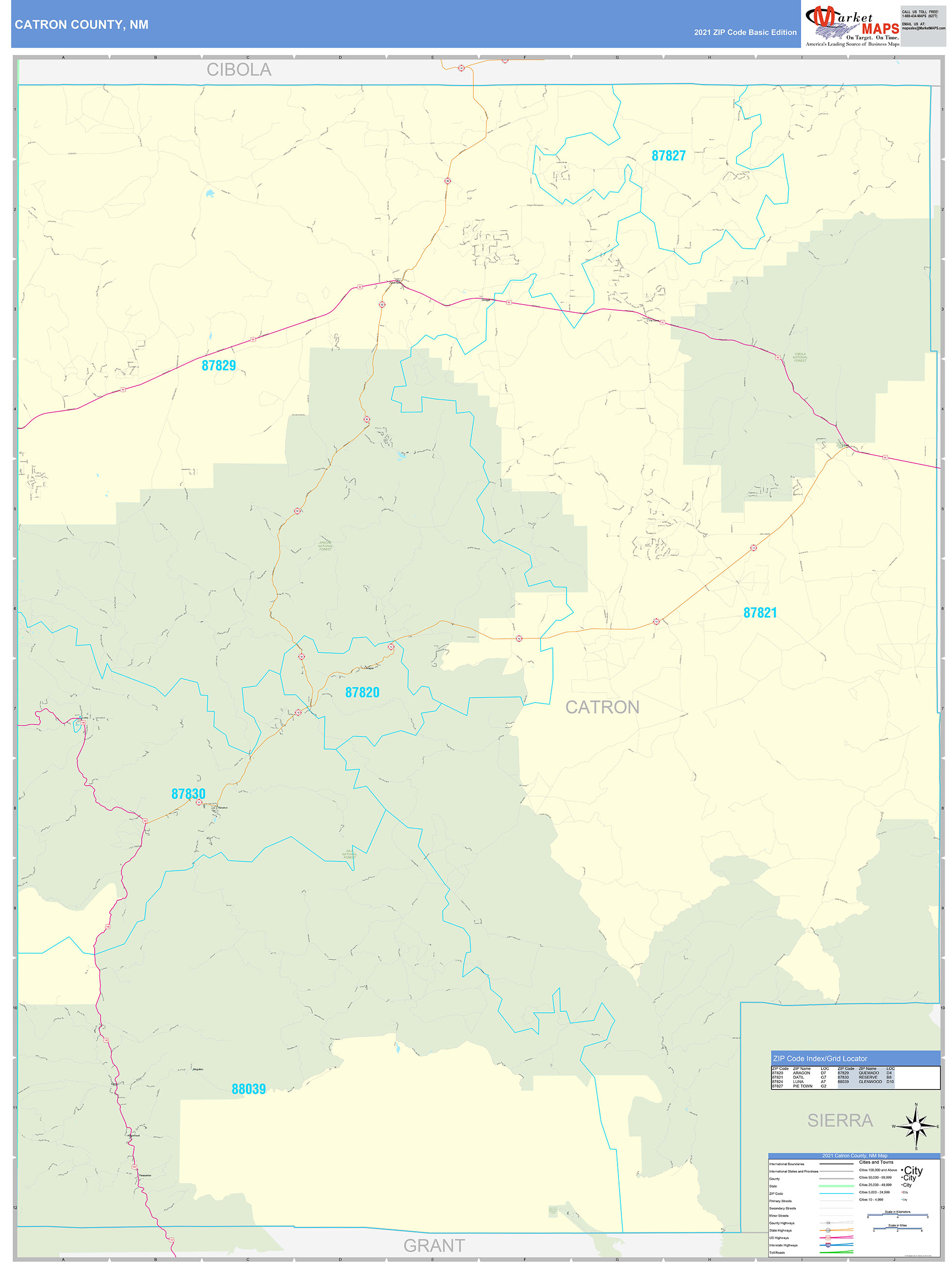 Catron County, NM Zip Code Wall Map Basic Style by MarketMAPS