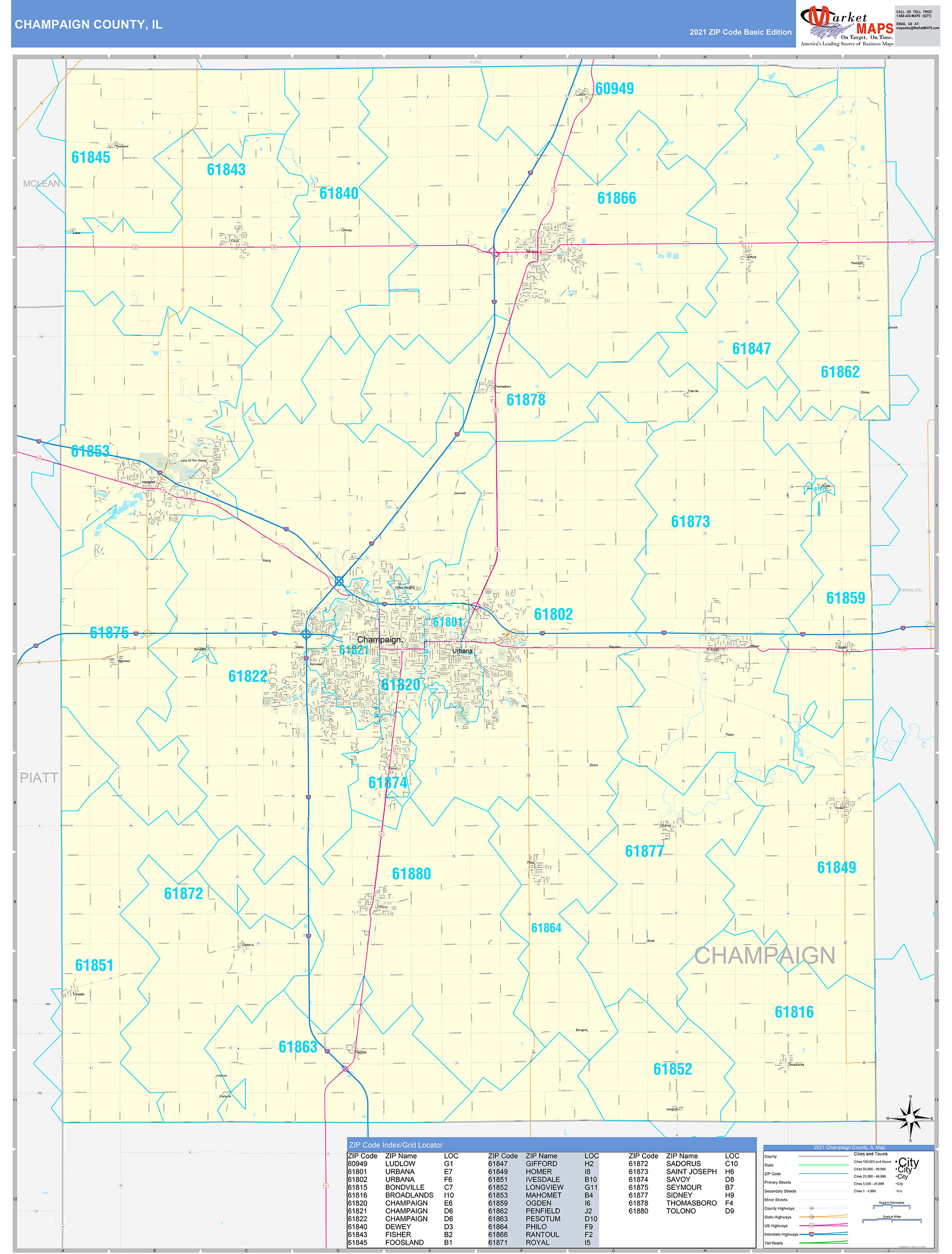 Champaign County IL Zip Code Wall Map Basic Style By MarketMAPS MapSales   Champaign IL 