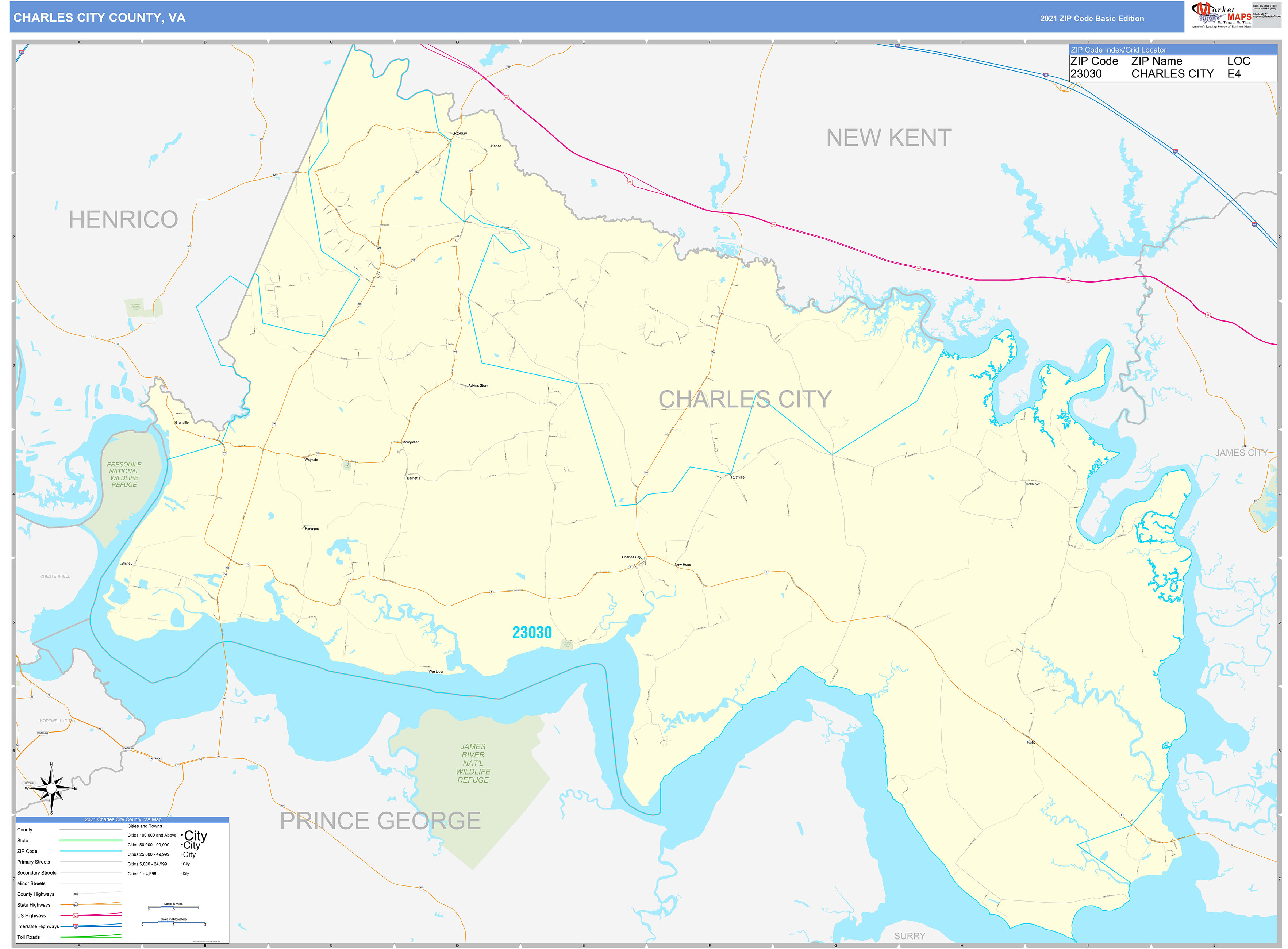 Charles City County VA Zip Code Wall Map Basic Style By MarketMAPS   CharlesCity VA 