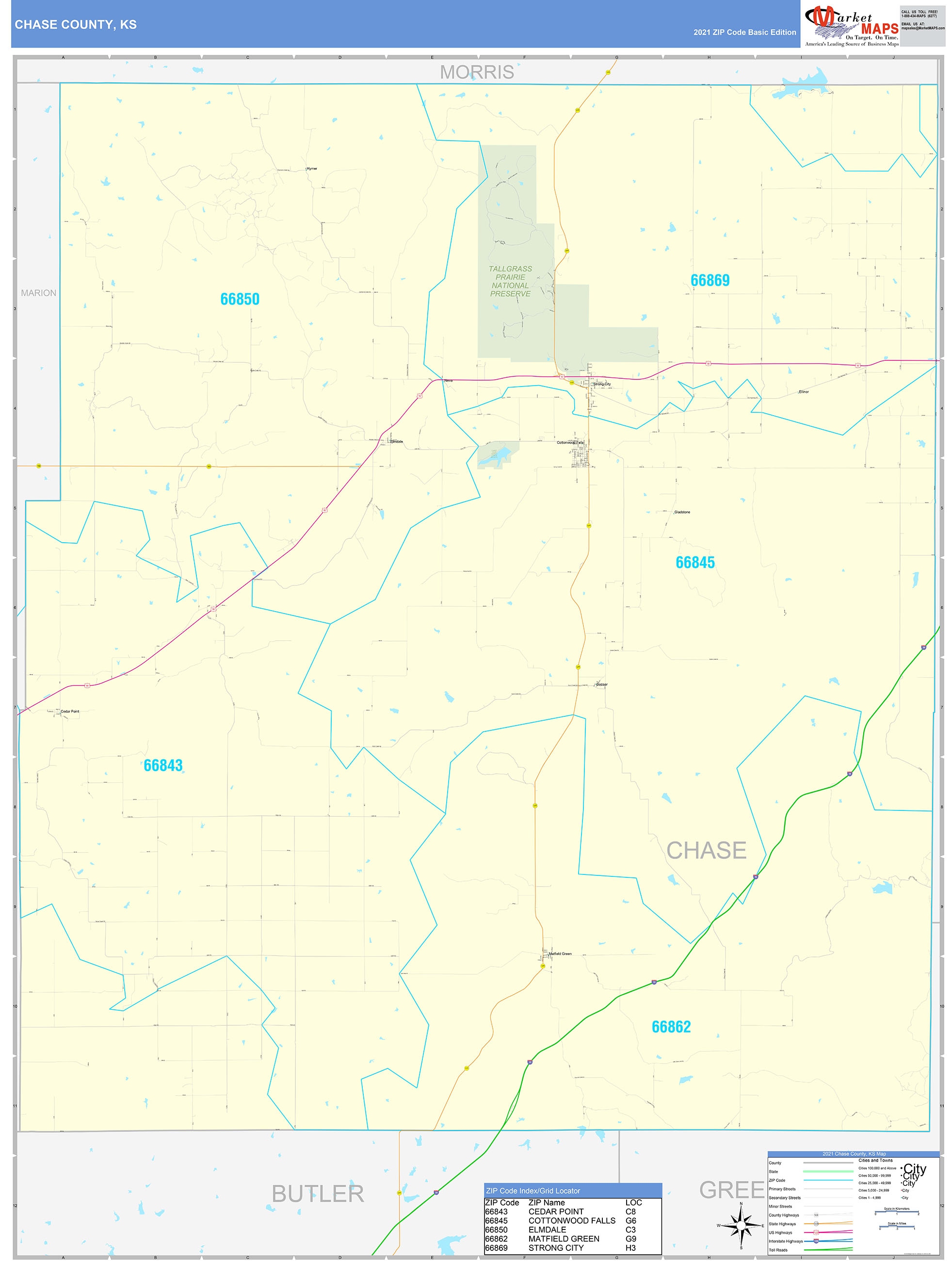 Chase County, KS Zip Code Wall Map Basic Style by MarketMAPS MapSales