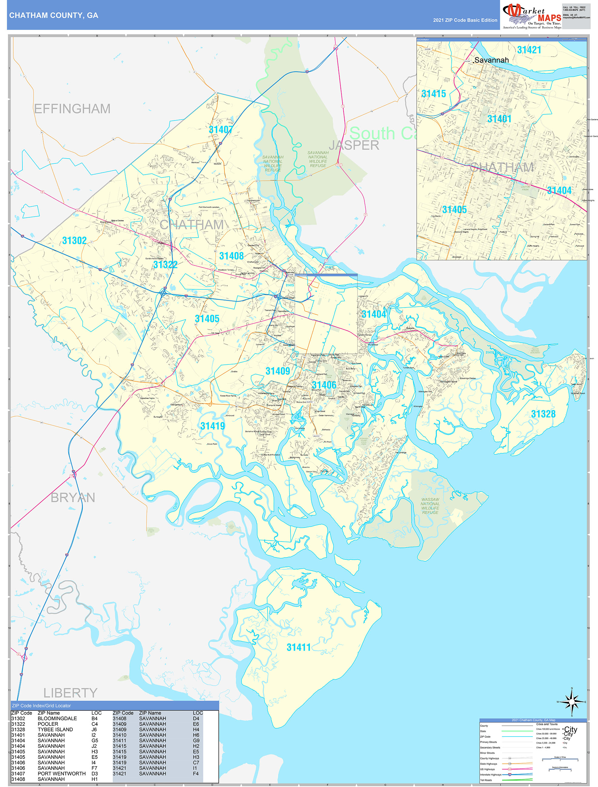 Chatham County, GA Zip Code Wall Map Basic Style by MarketMAPS - MapSales