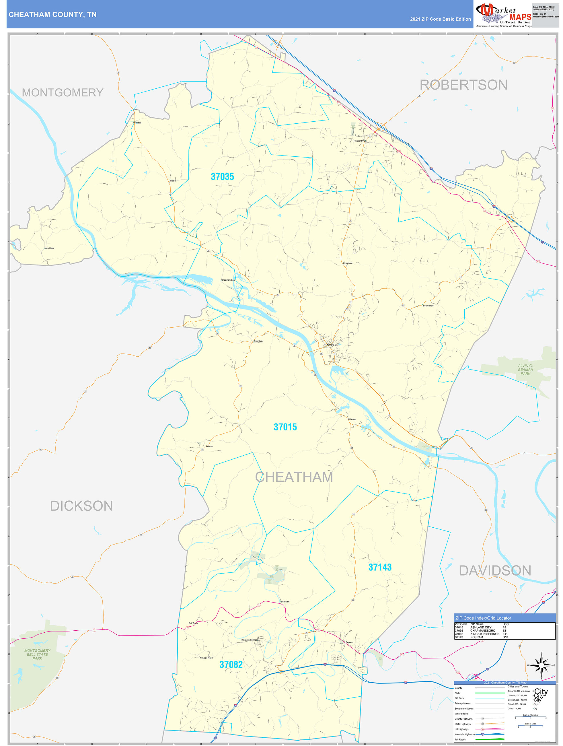 Cheatham County, TN Zip Code Wall Map Basic Style by MarketMAPS - MapSales