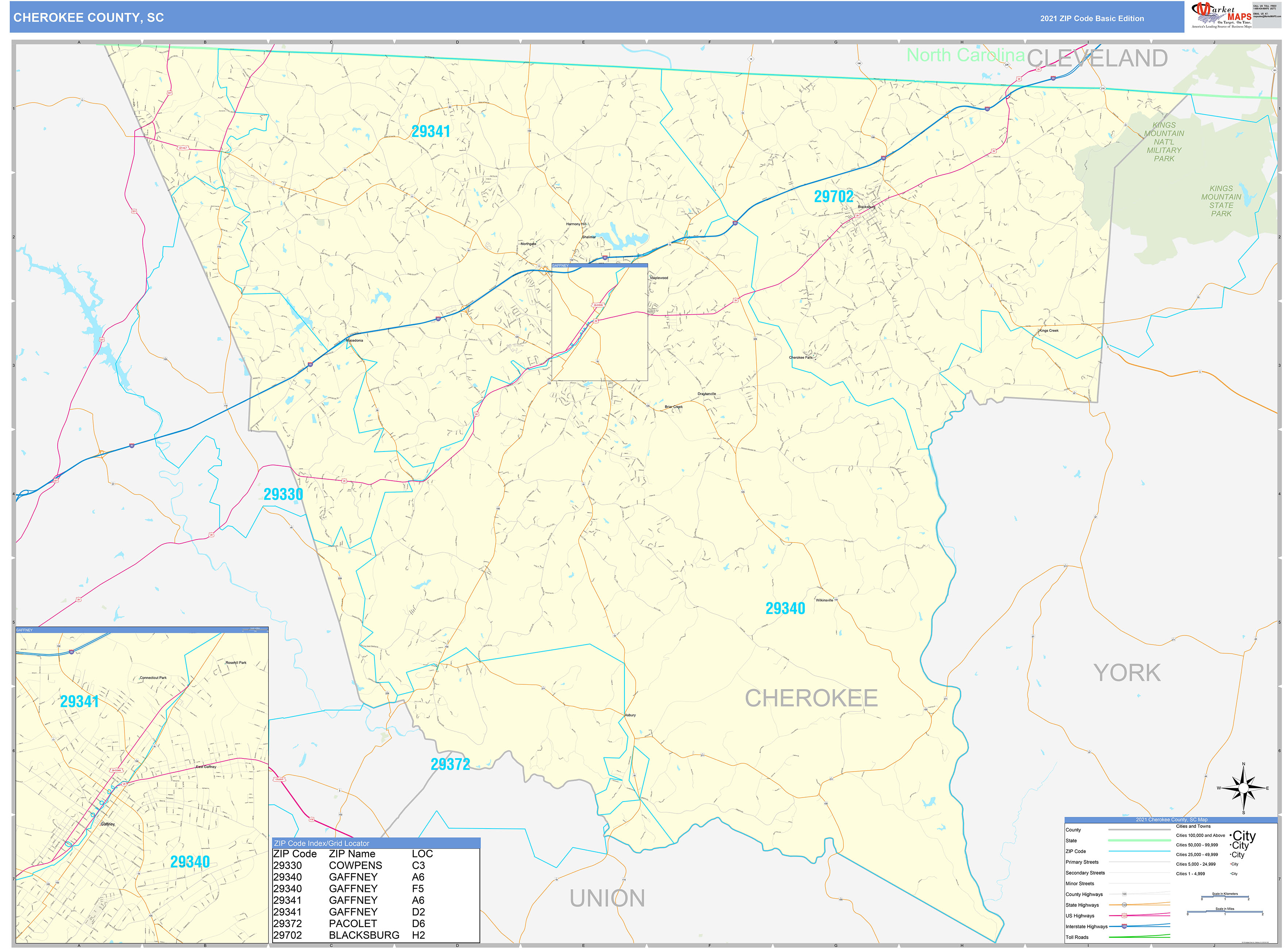 Cherokee County SC Zip Code Wall Map Basic Style by MarketMAPS MapSales