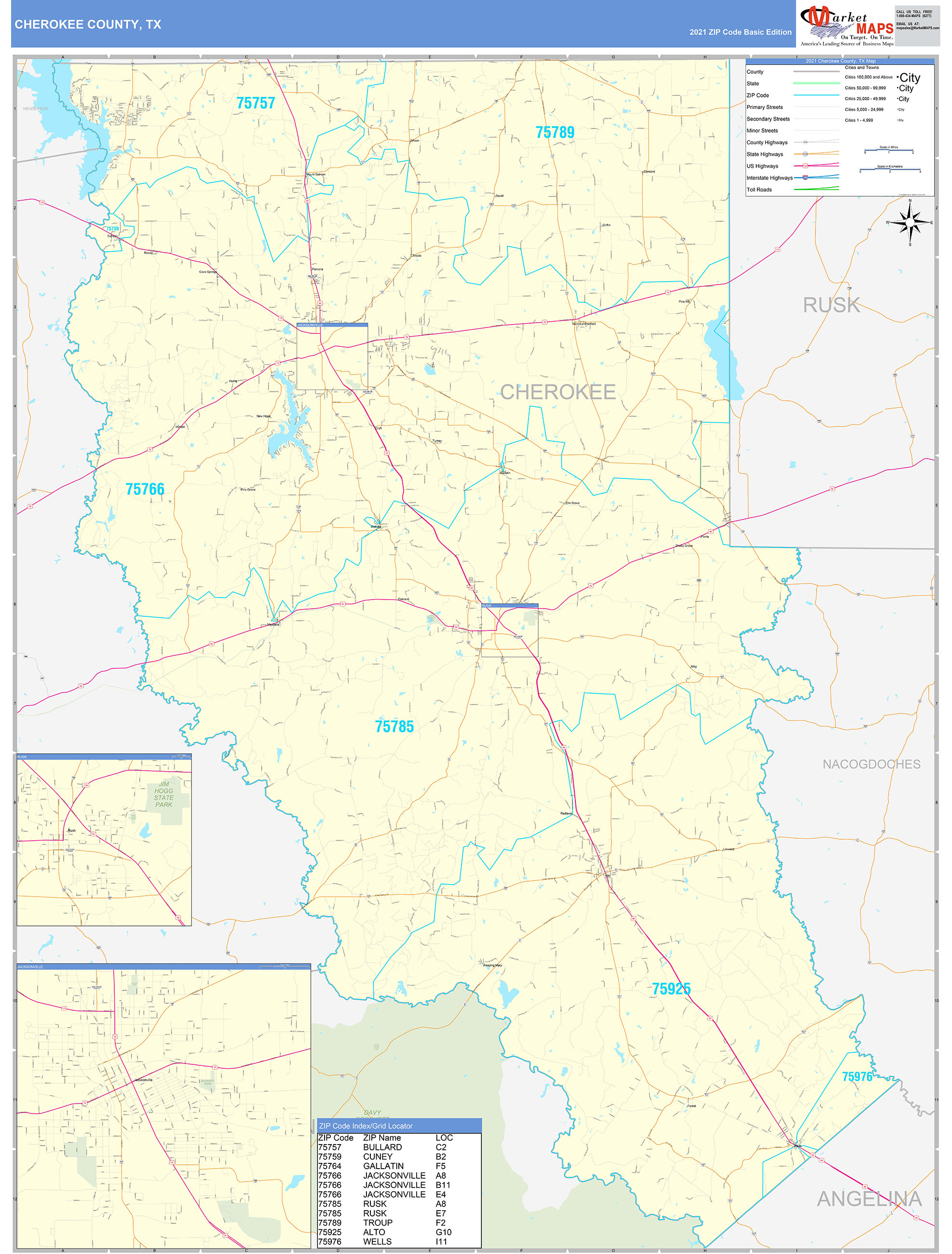 Cherokee County, TX Zip Code Wall Map Basic Style by MarketMAPS