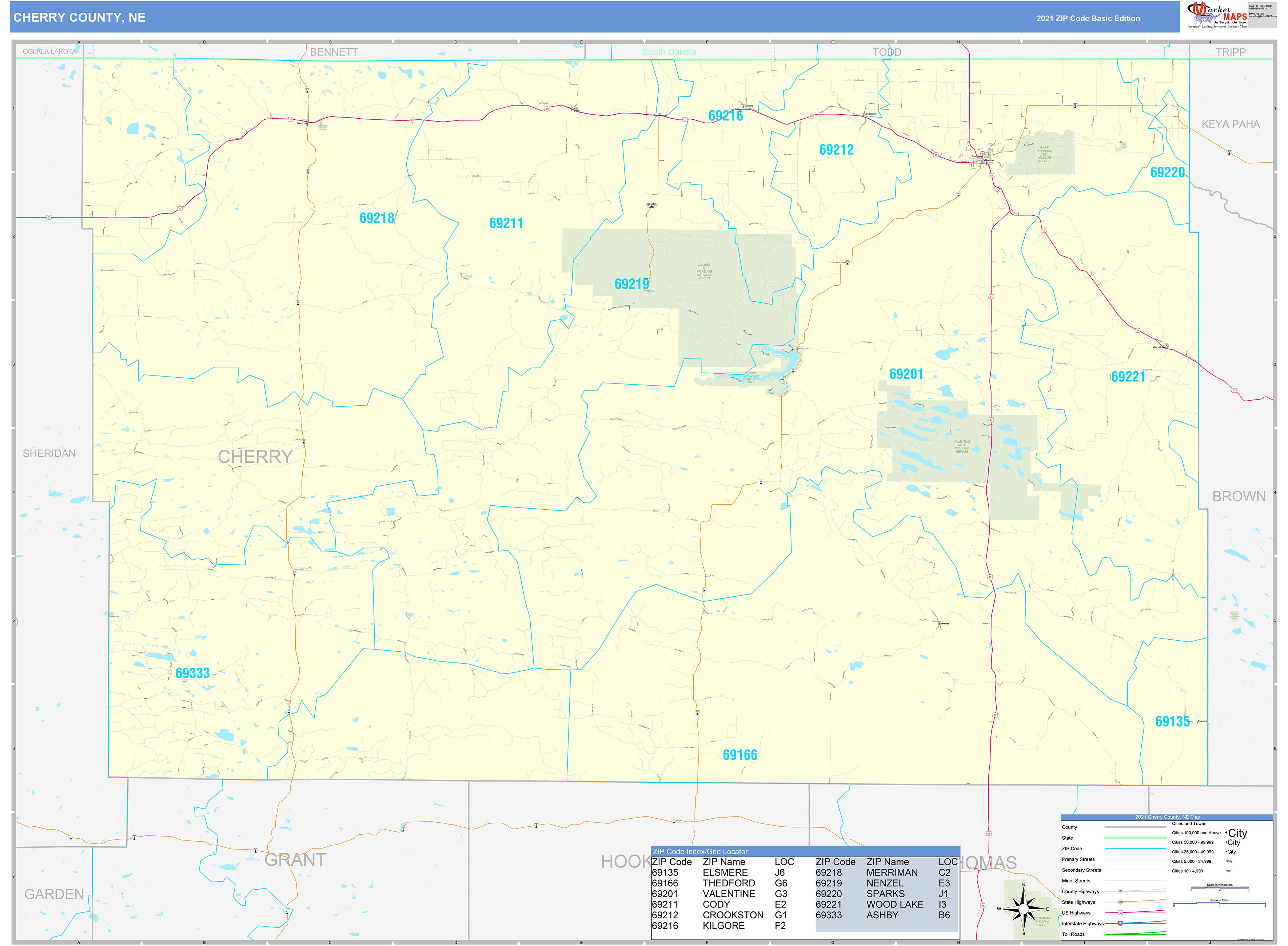 Cherry County, NE Zip Code Wall Map Basic Style by MarketMAPS