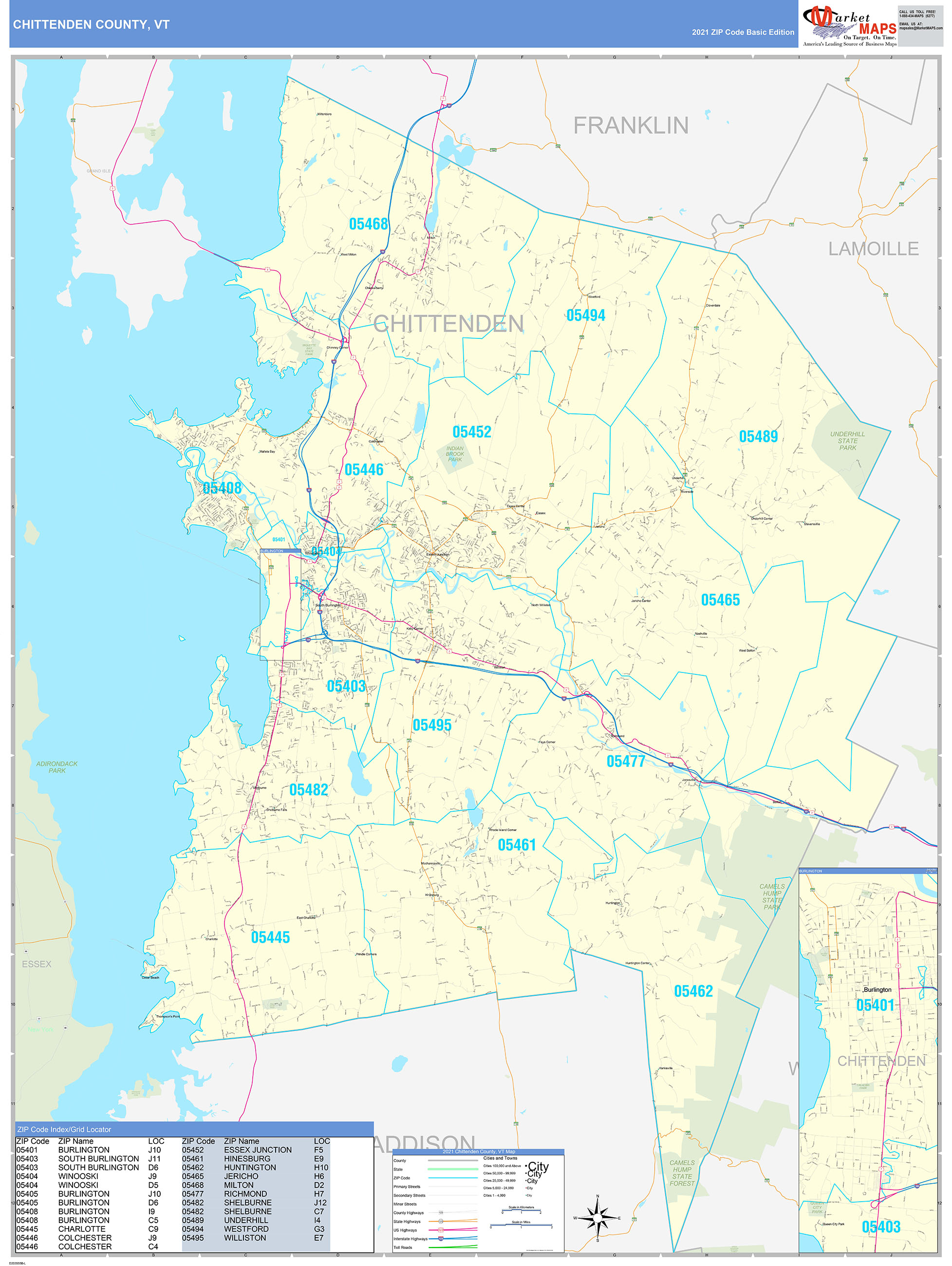 Chittenden County, VT Zip Code Wall Map Basic Style by MarketMAPS ...