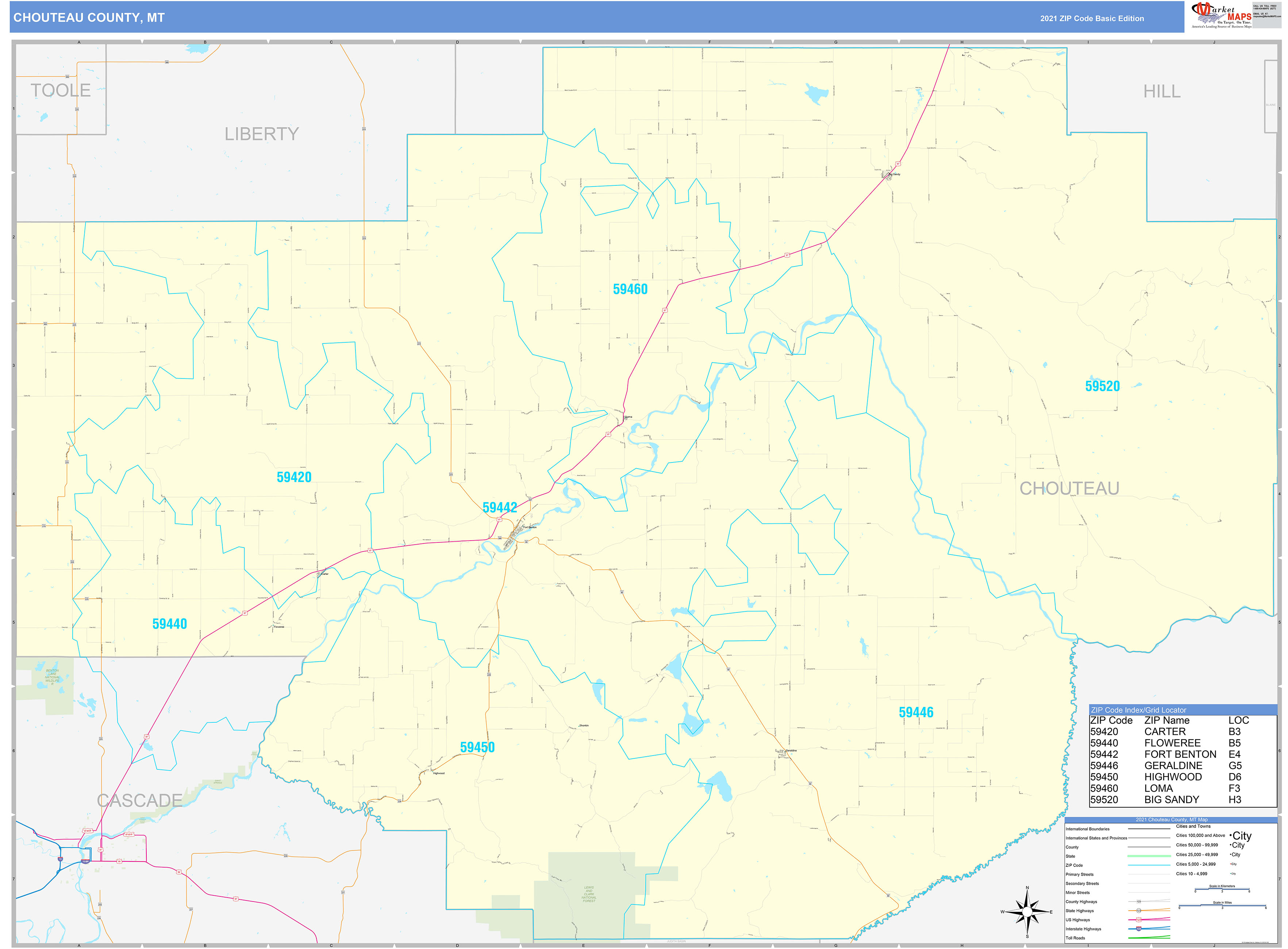 Chouteau County, MT Zip Code Wall Map Basic Style by MarketMAPS