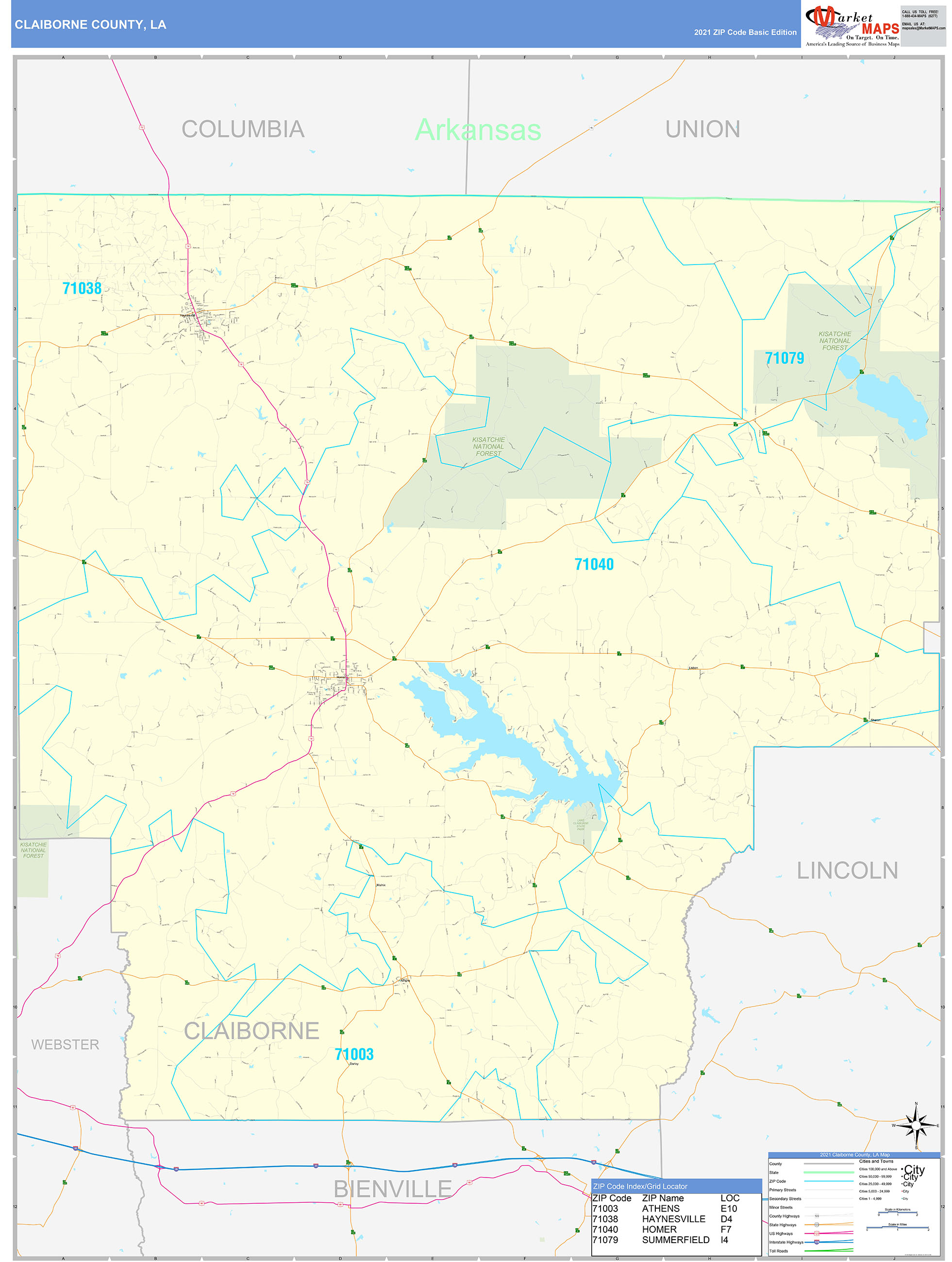 Claiborne County, LA Zip Code Wall Map Basic Style by MarketMAPS - MapSales