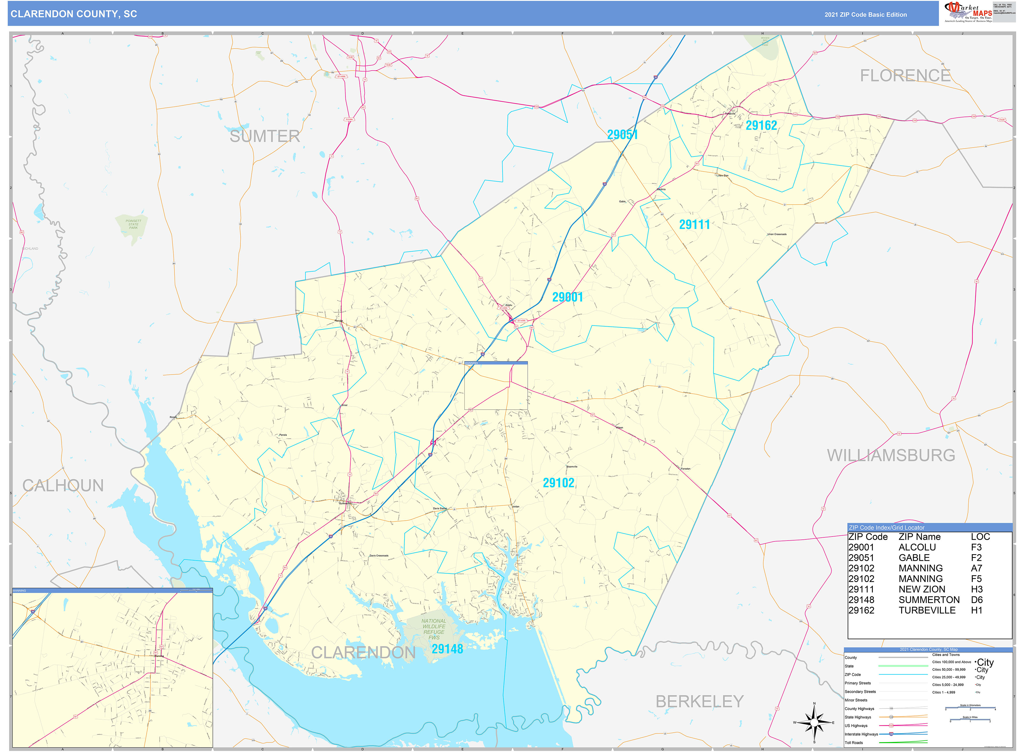 Clarendon County, SC Zip Code Wall Map Basic Style by MarketMAPS - MapSales