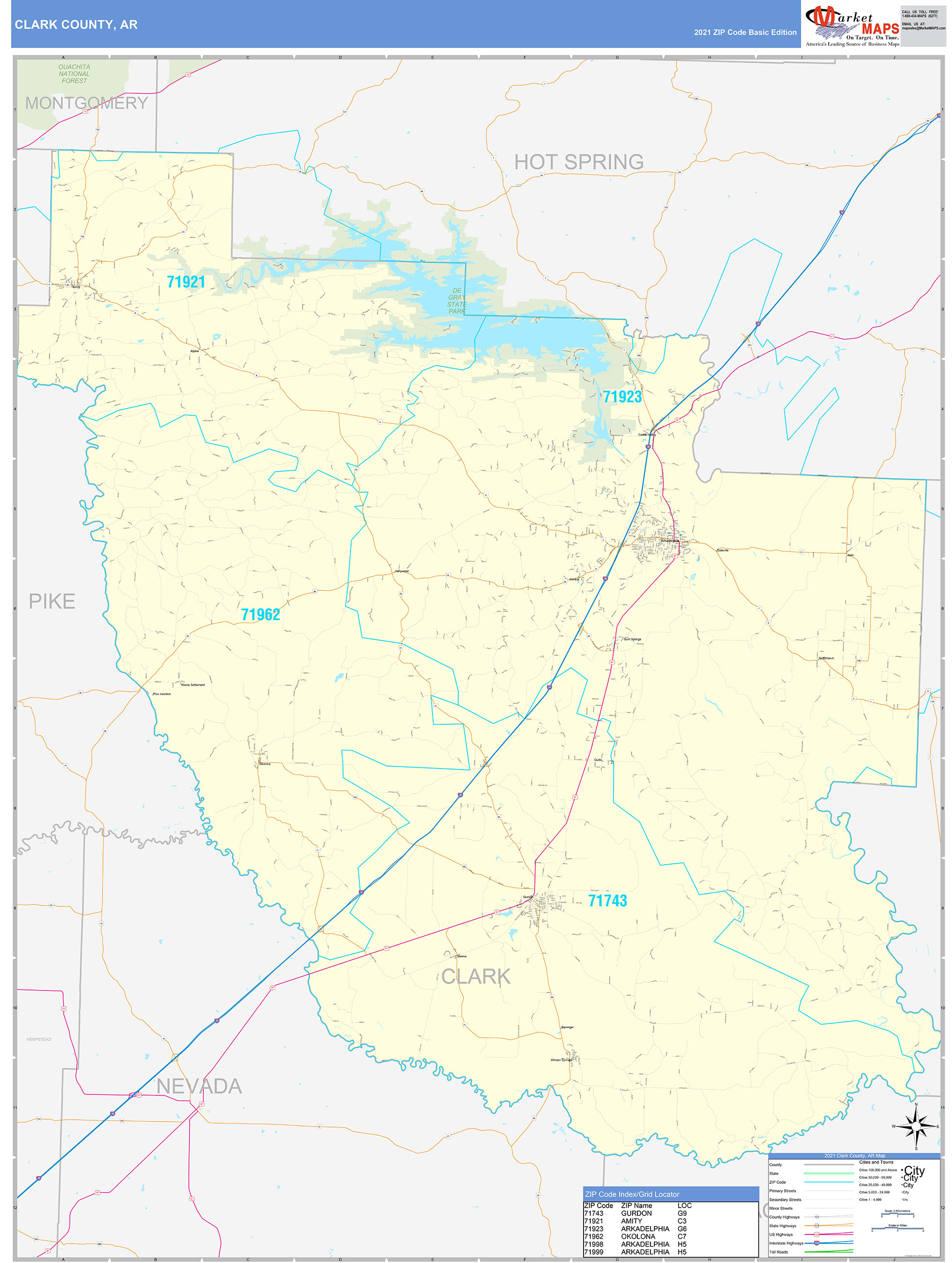 Clark County, AR Zip Code Wall Map Basic Style by MarketMAPS - MapSales