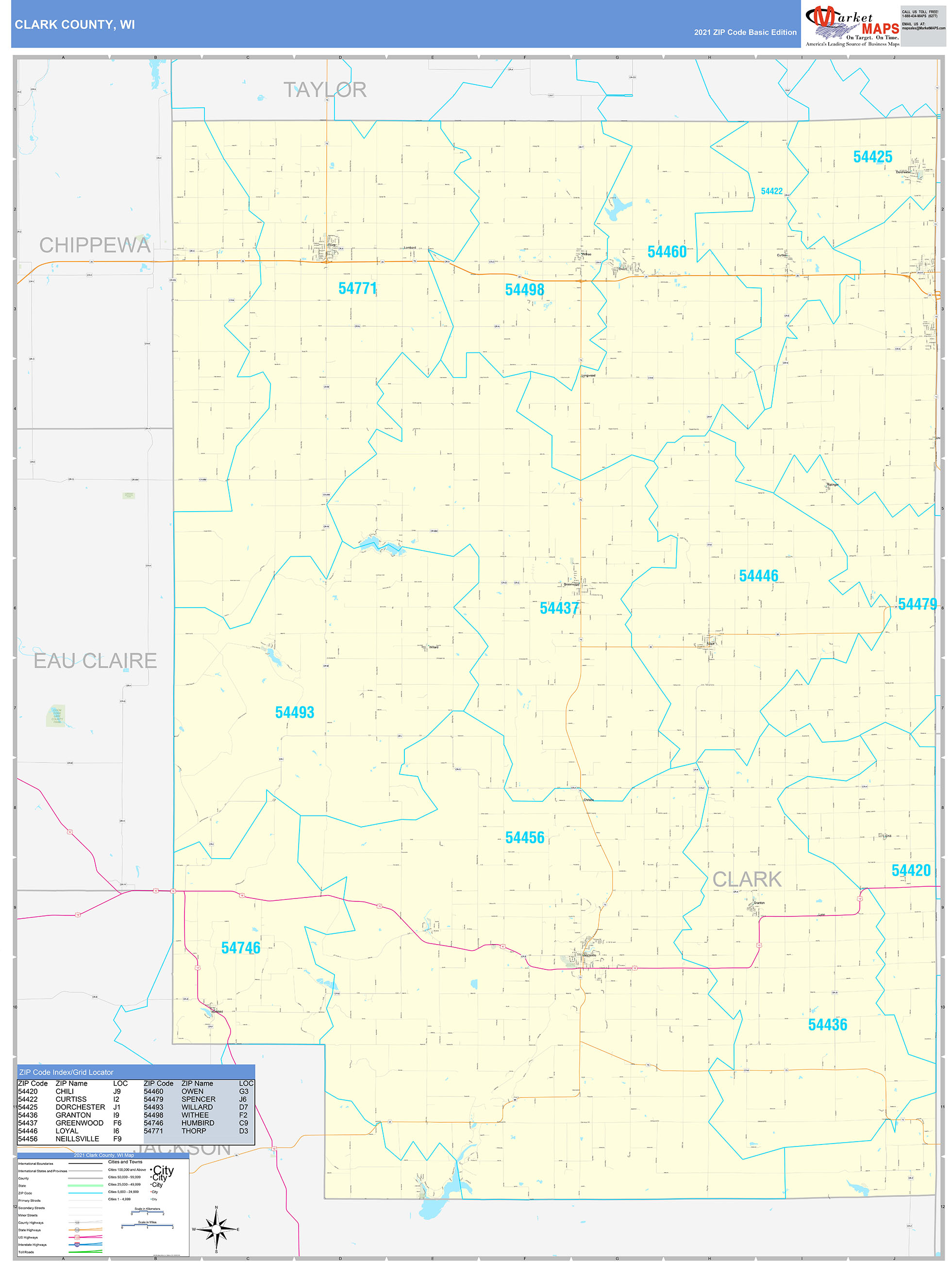 Clark County, WI Zip Code Wall Map Basic Style by MarketMAPS - MapSales