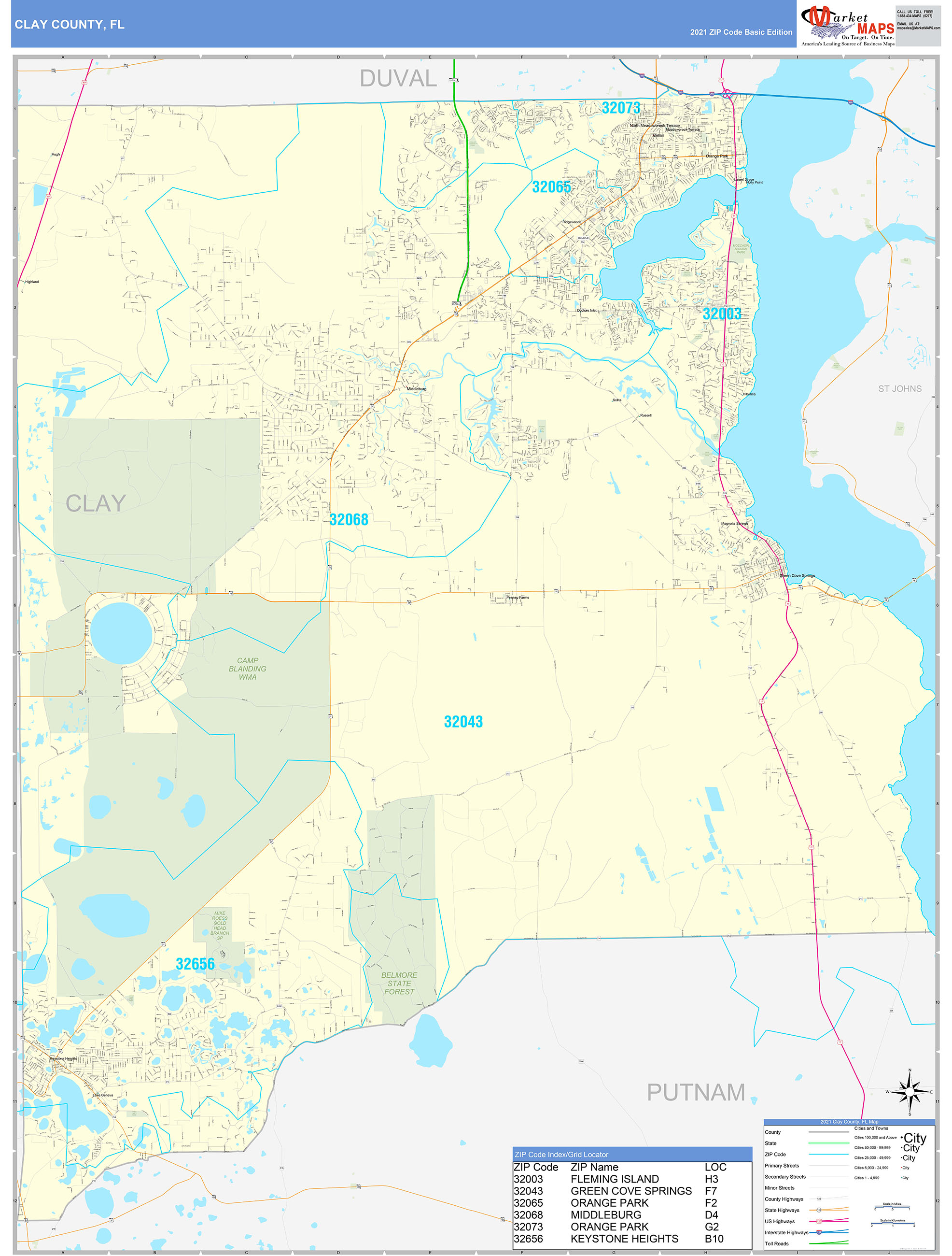Clay County FL Zip Code Wall Map Basic Style by MarketMAPS MapSales