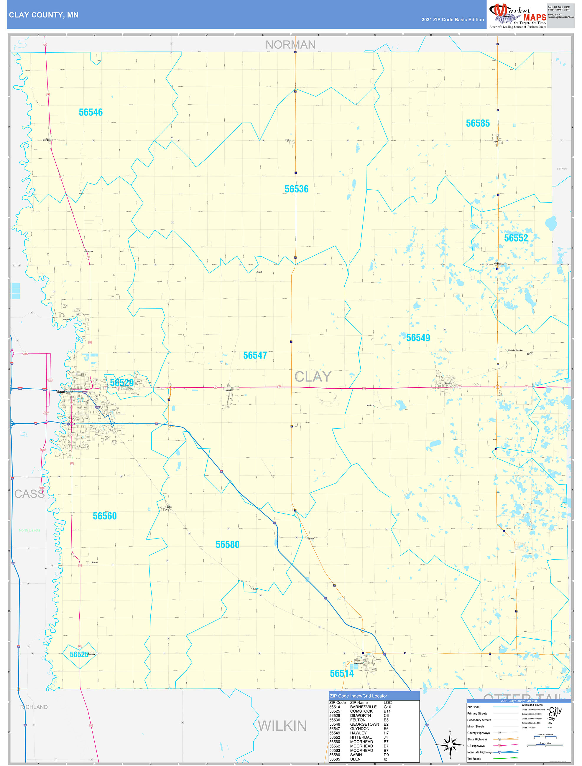 Clay County MN Zip Code Wall Map Basic Style by MarketMAPS MapSales