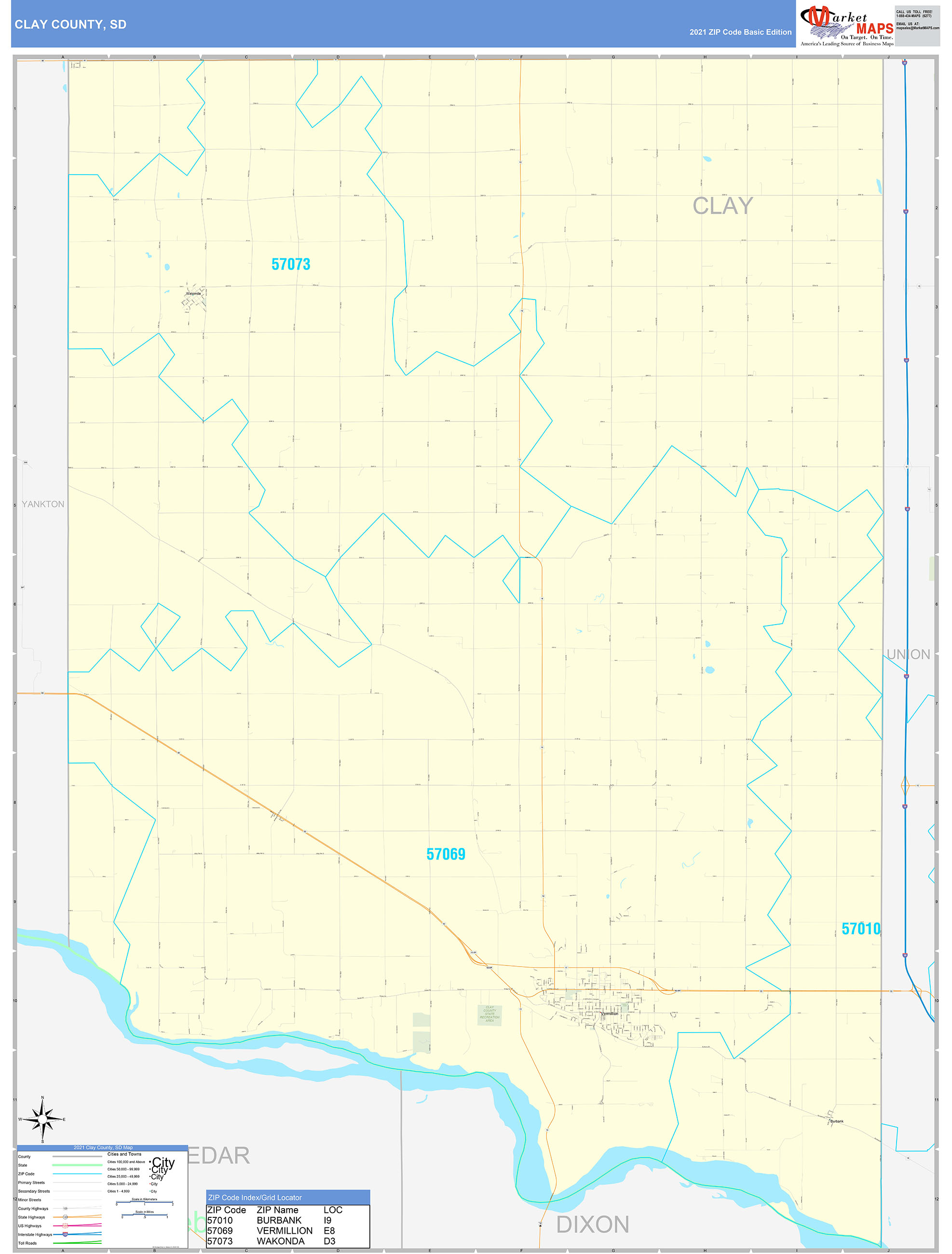 Clay County, SD Zip Code Wall Map Basic Style by MarketMAPS