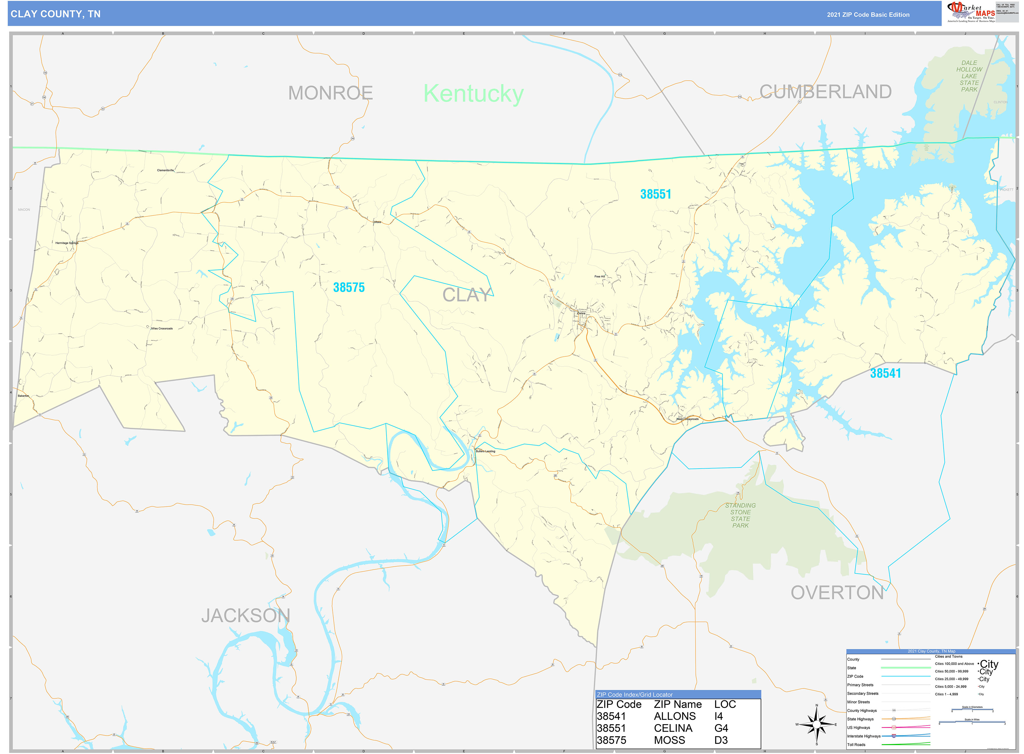 Clay County, TN Zip Code Wall Map Basic Style by MarketMAPS - MapSales