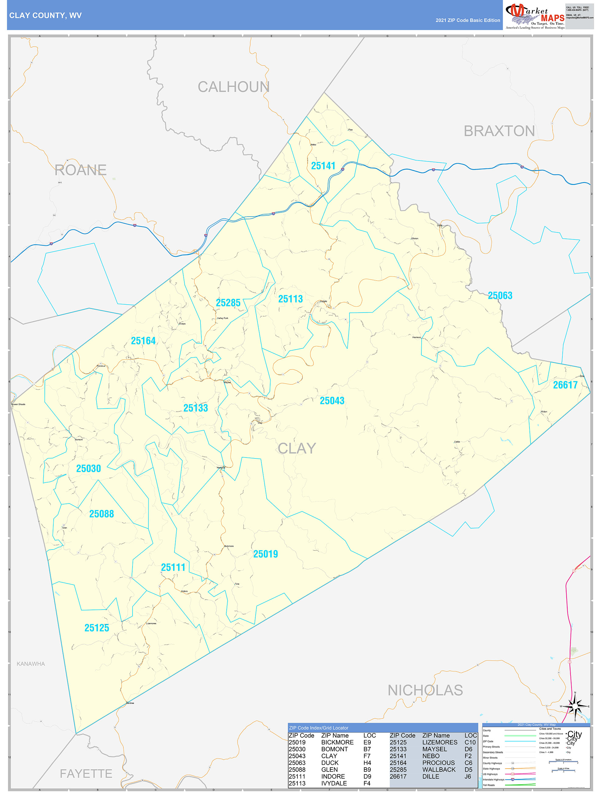 Clay County, WV Zip Code Wall Map Basic Style by MarketMAPS - MapSales