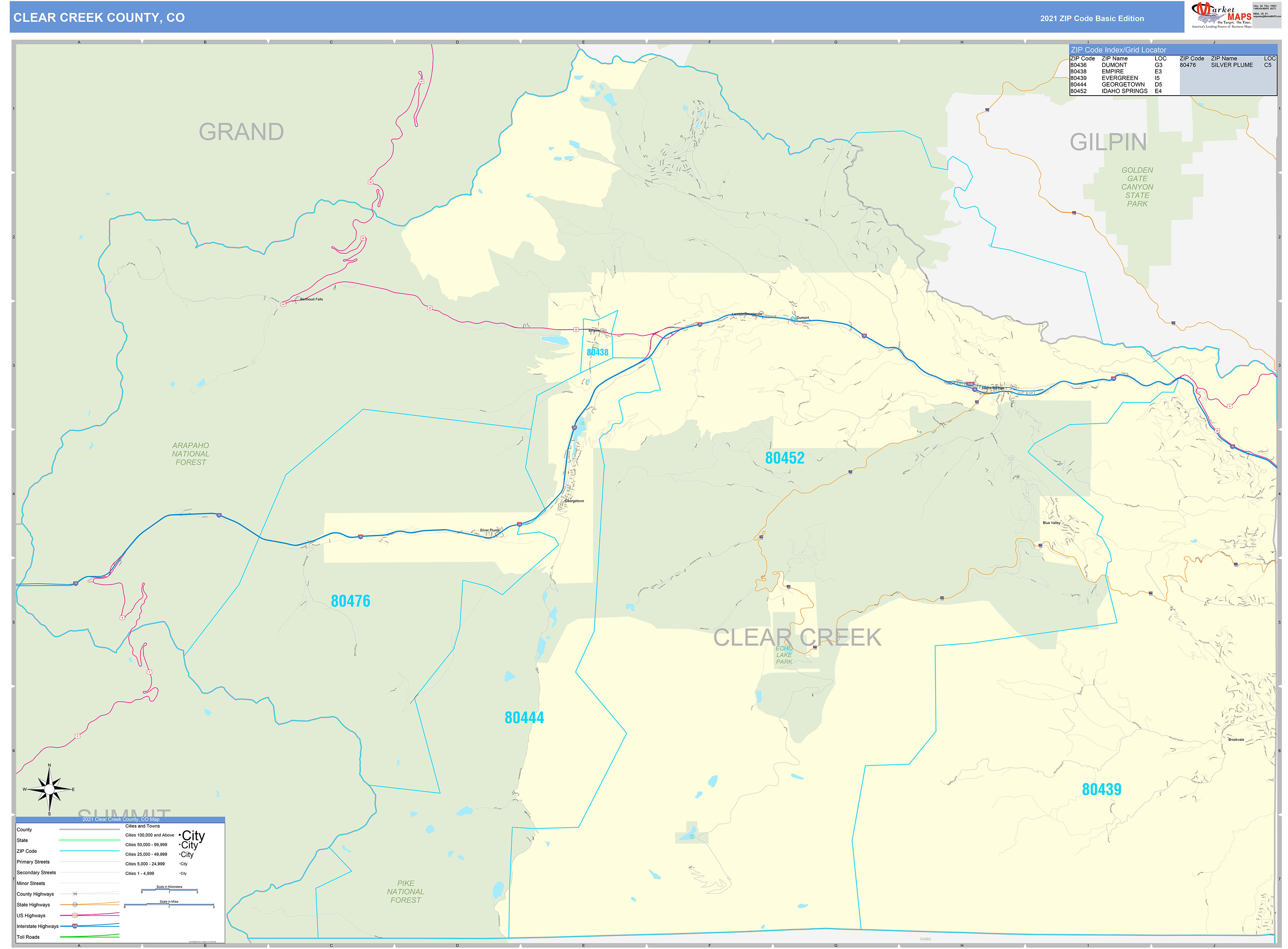 Clear Creek County CO Zip Code Wall Map Basic Style by MarketMAPS