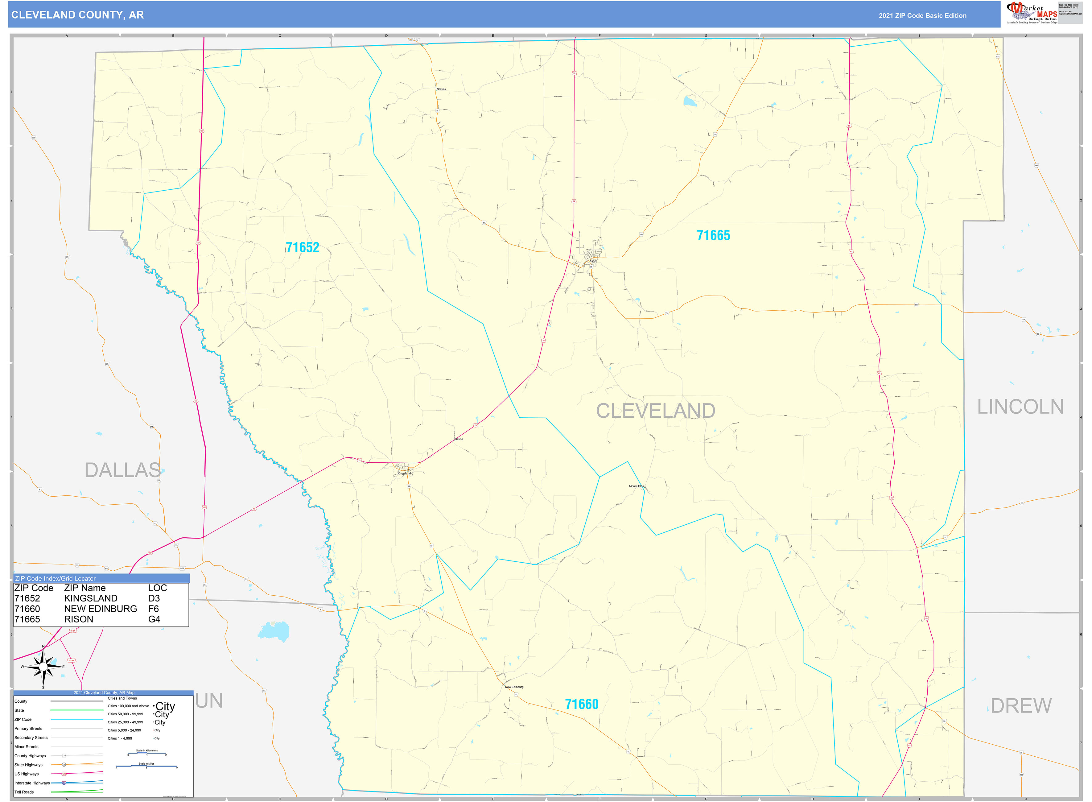 Cleveland County AR Zip Code Wall Map Basic Style by MarketMAPS