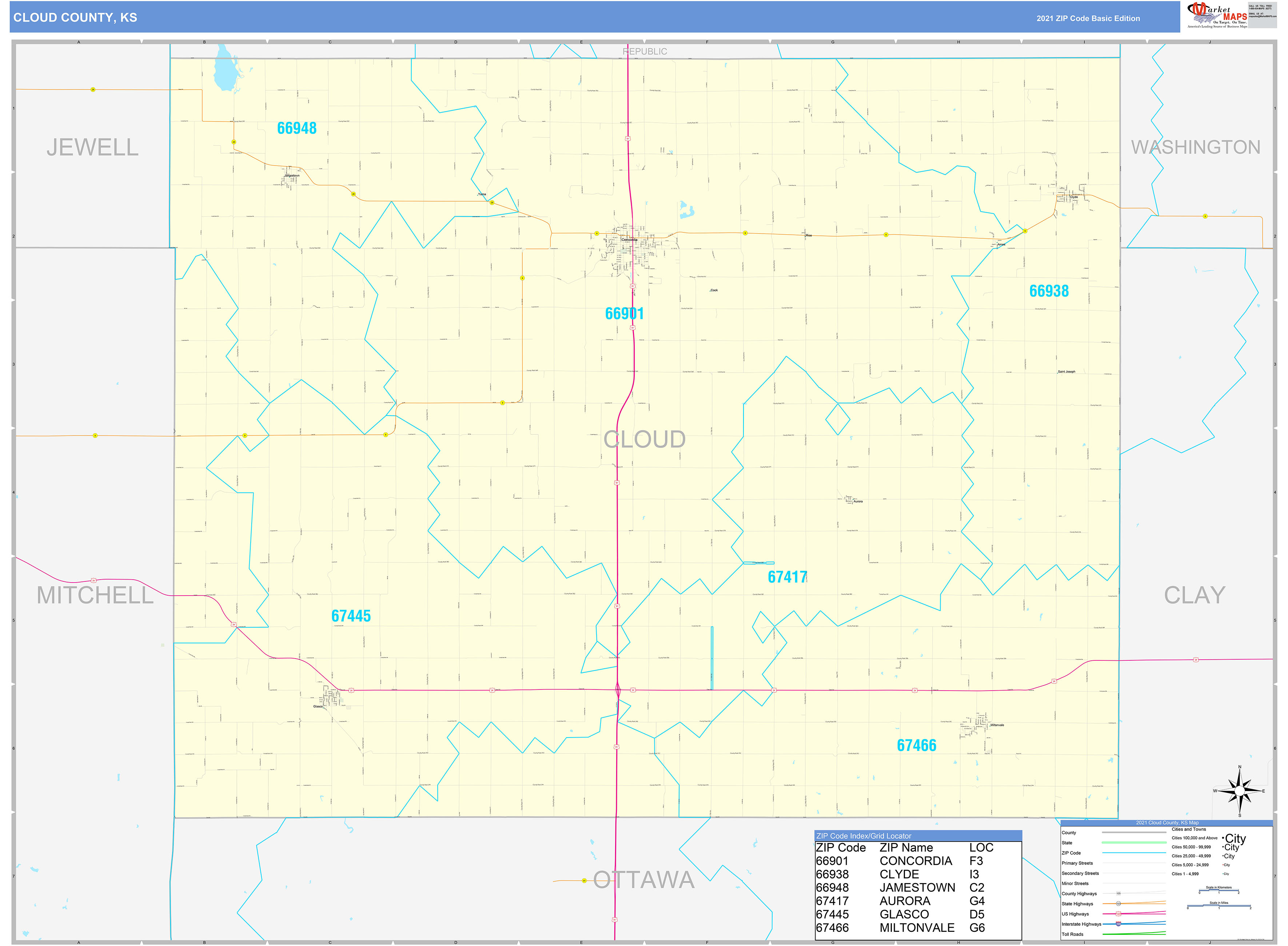 Cloud County Ks Zip Code Wall Map Basic Style By Marketmaps Mapsales 5408