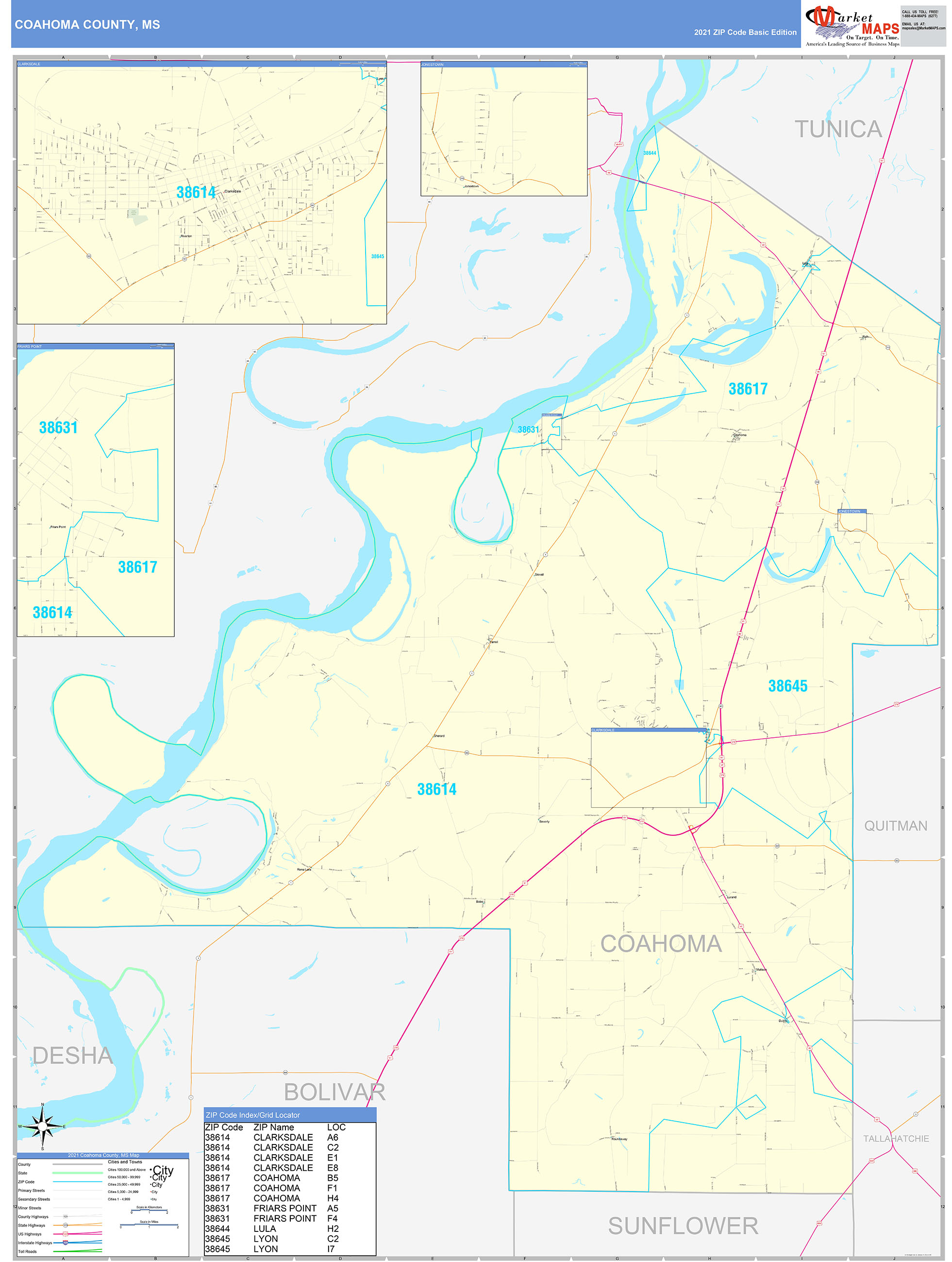 Coahoma County, MS Zip Code Wall Map Basic Style by MarketMAPS MapSales