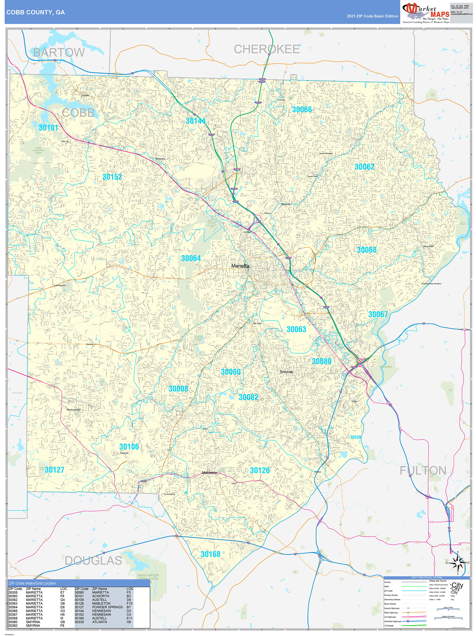 Cobb County GA Zip Code Wall Map Basic Style by MarketMAPS MapSales
