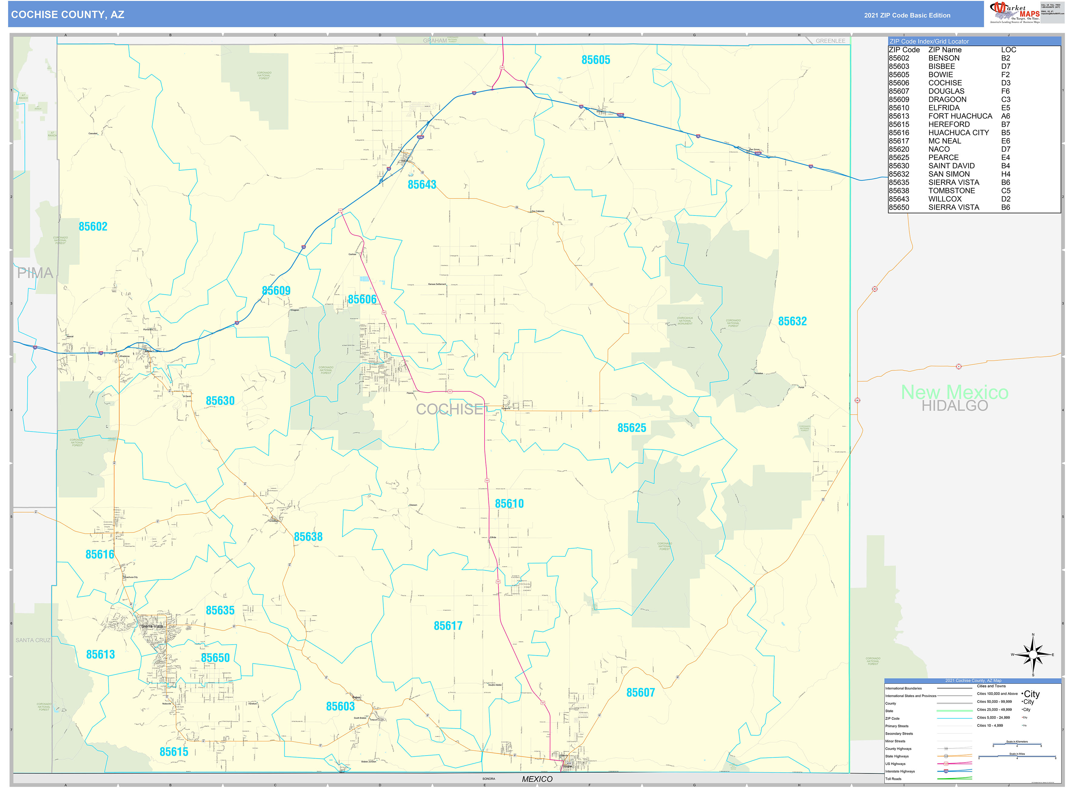 Cochise County Az Zip Code Wall Map Basic Style By Marketmaps 7637