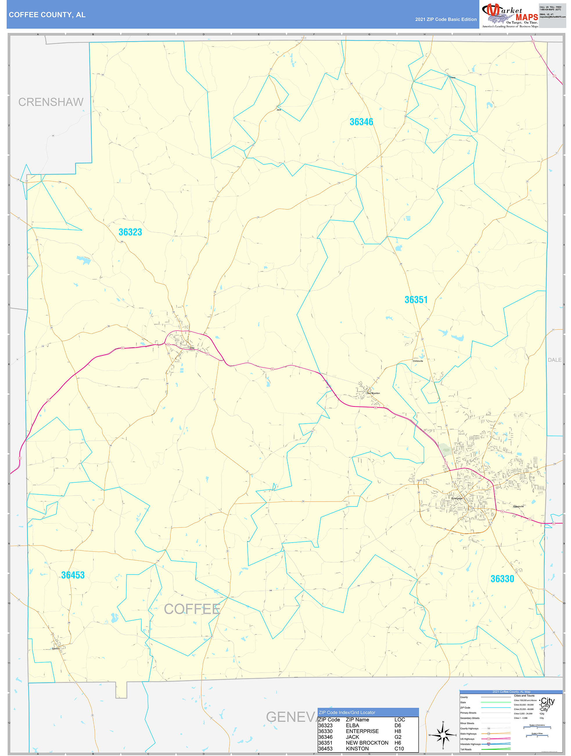 Coffee County Al Zip Code Wall Map Basic Style By Marketmaps Mapsales