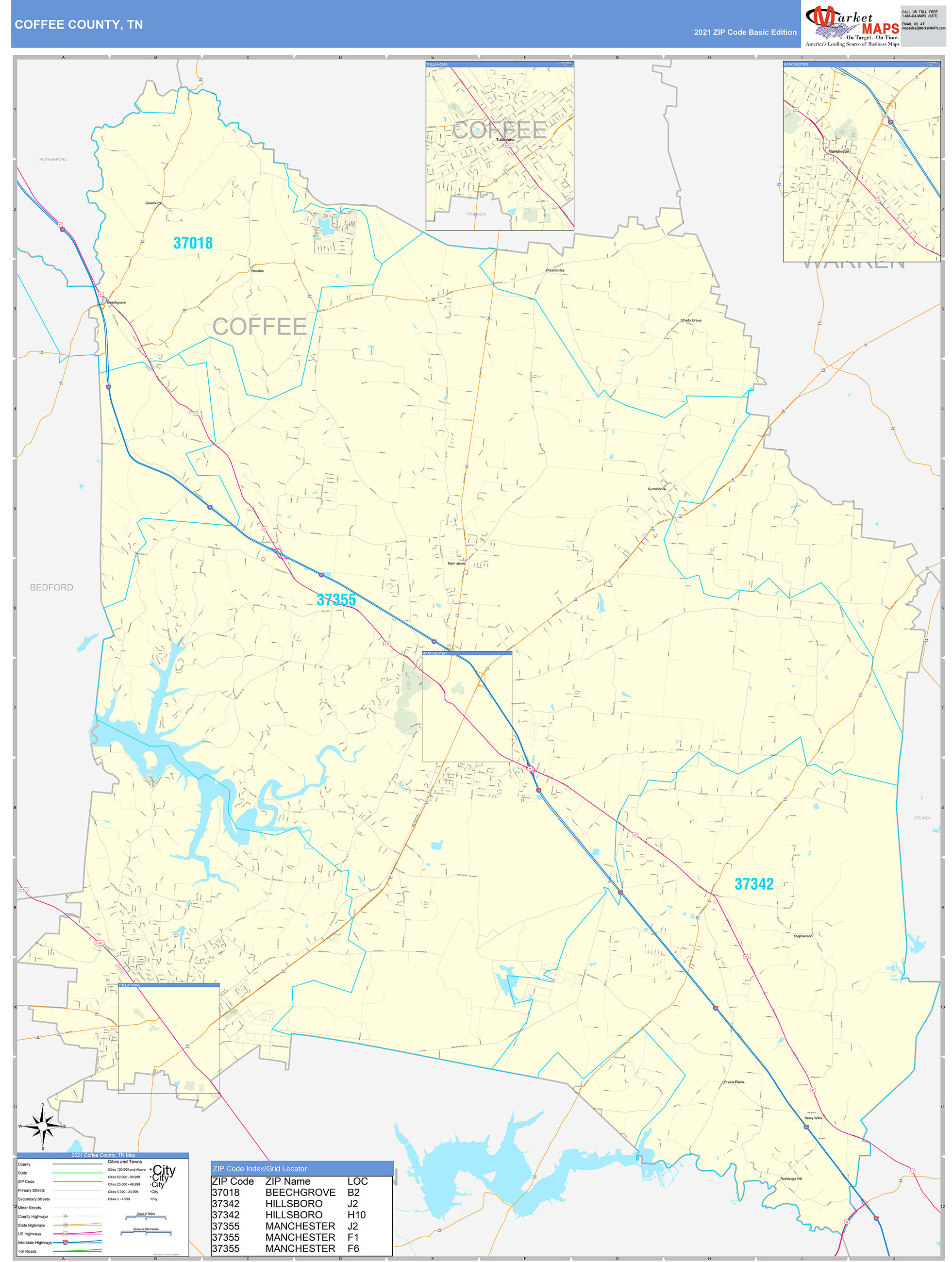 Coffee County, TN Zip Code Wall Map Basic Style by MarketMAPS MapSales