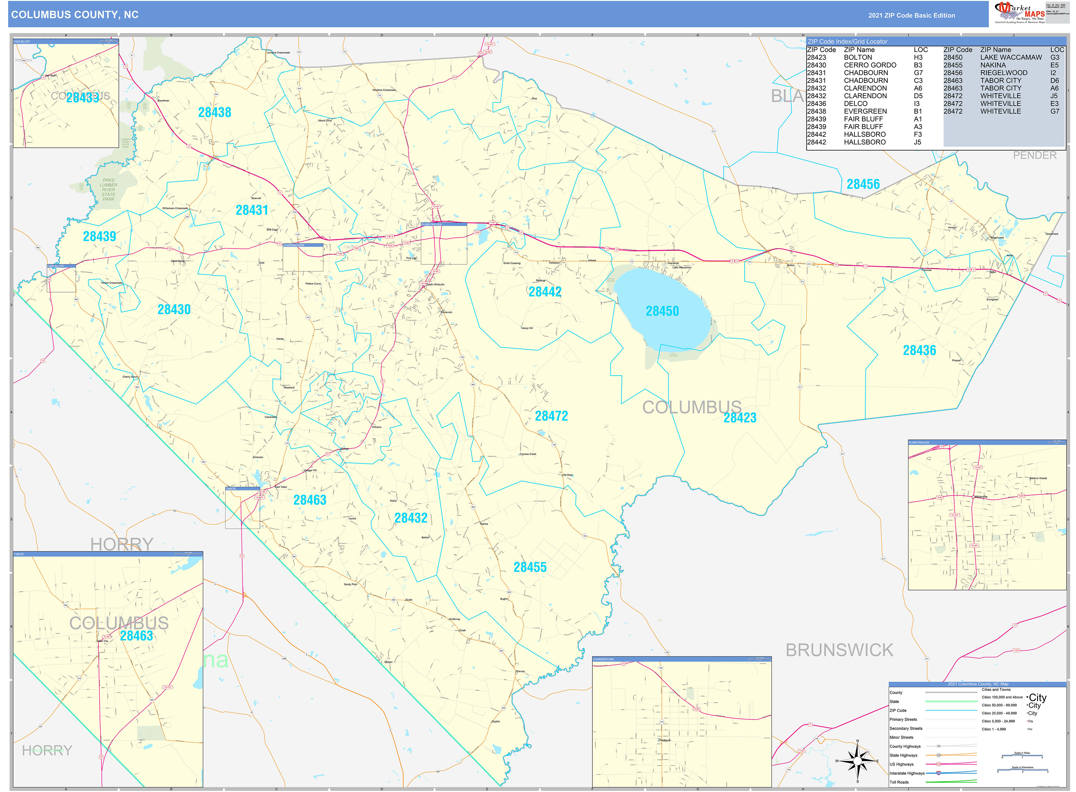 Columbus County, NC Zip Code Wall Map Basic Style by MarketMAPS