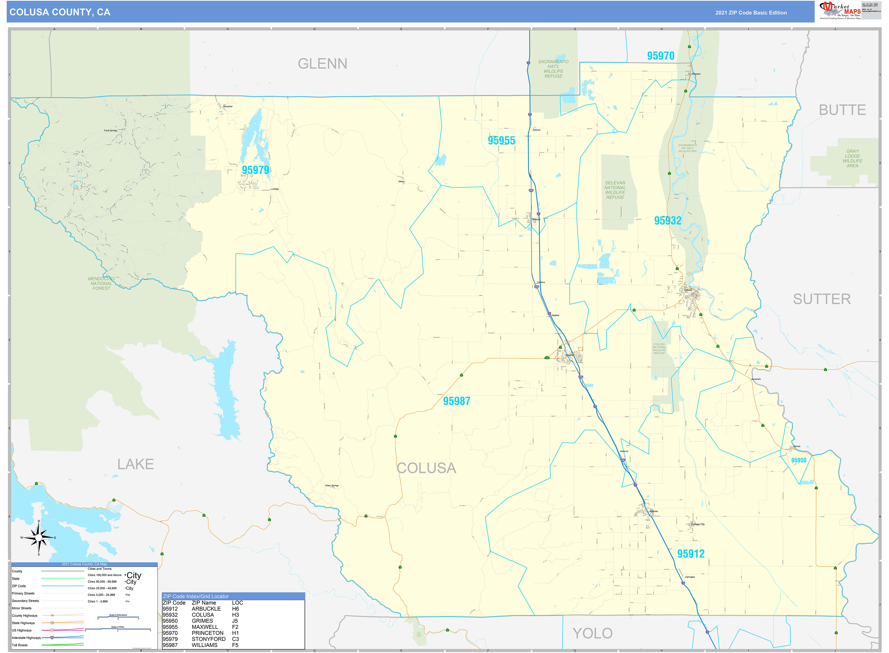 Colusa County, CA Zip Code Wall Map Basic Style by MarketMAPS - MapSales