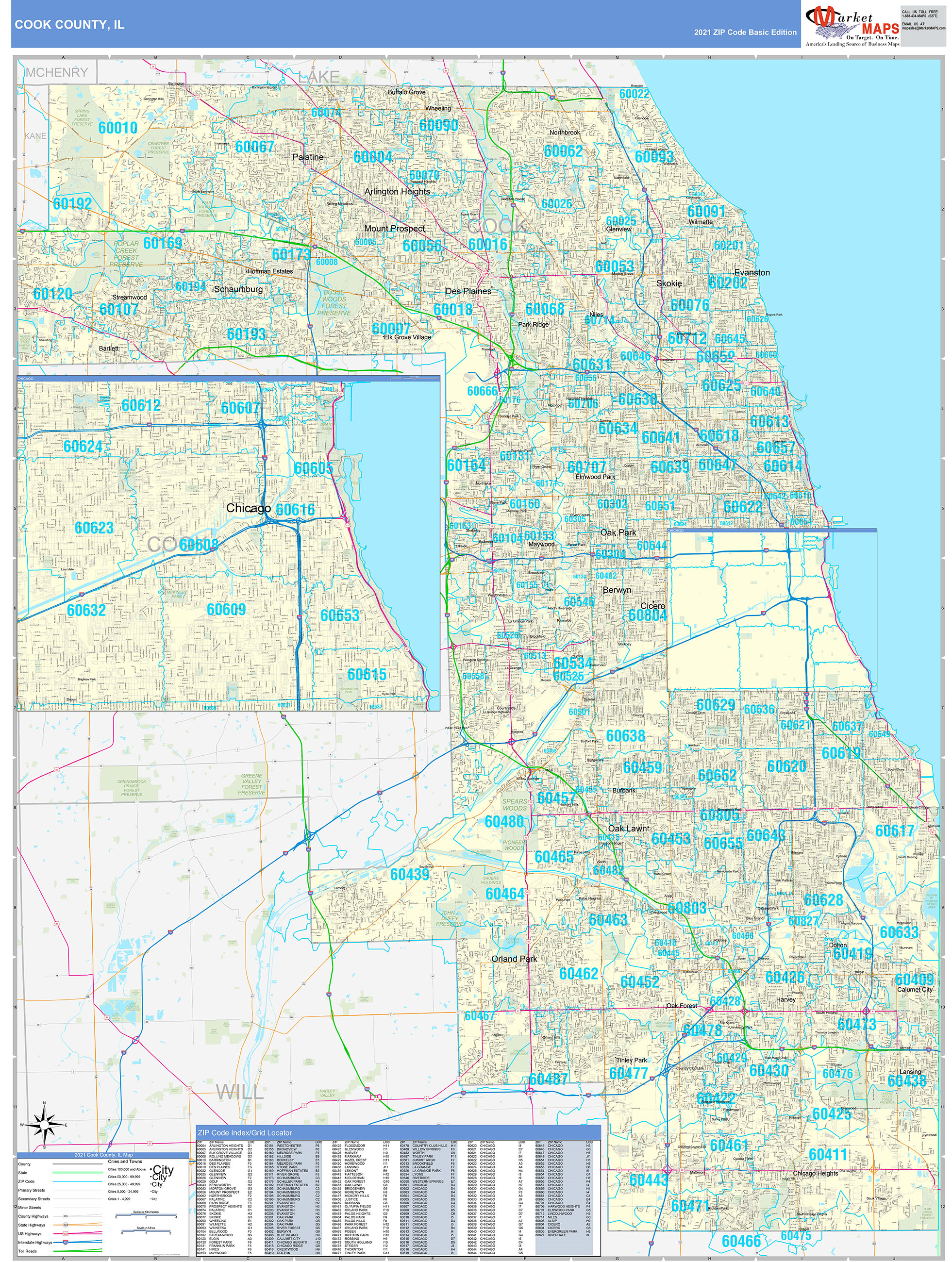 Cook County IL Zip Code Wall Map Basic Style By MarketMAPS MapSales