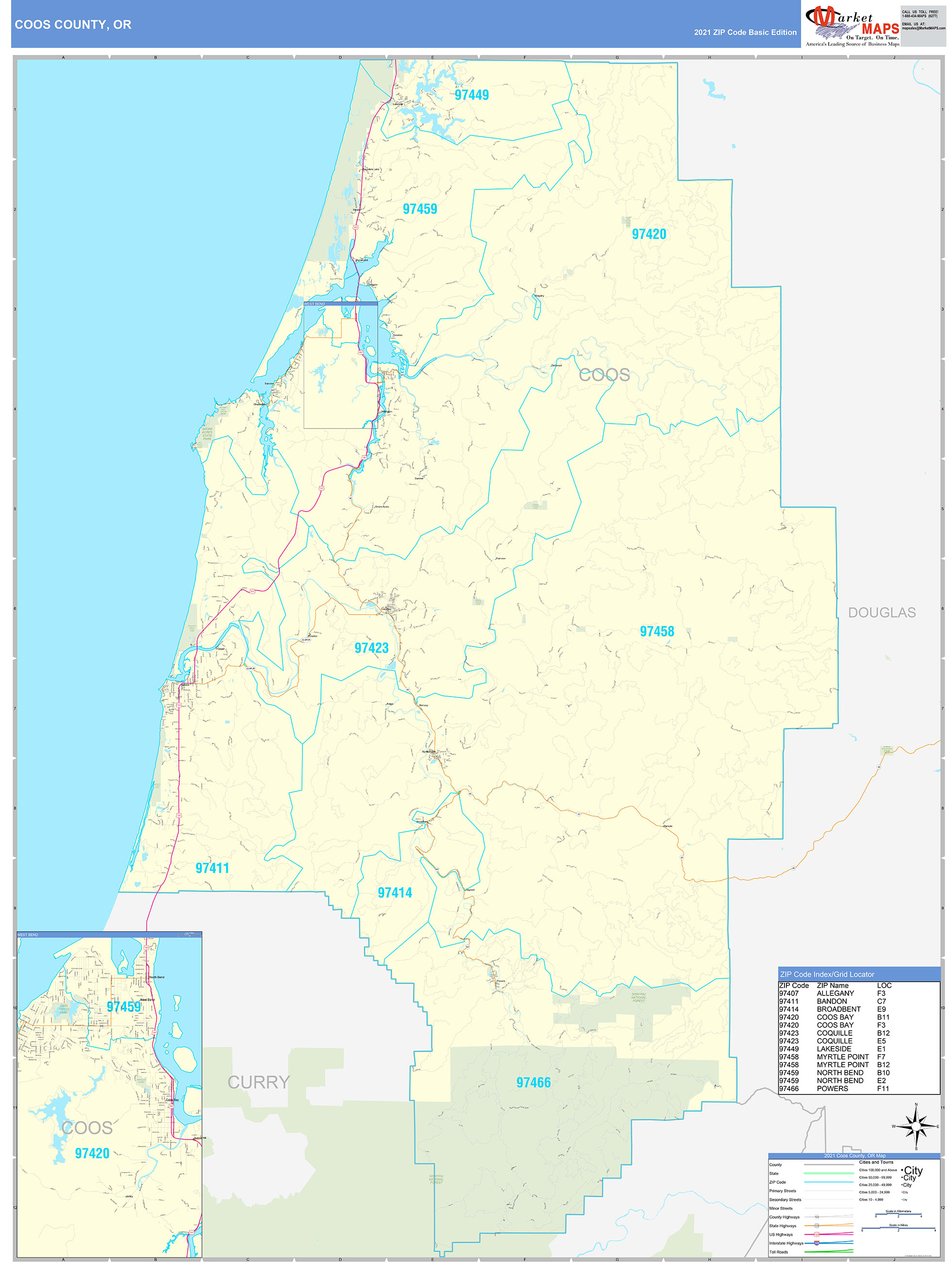 Coos County, OR Zip Code Wall Map Basic Style by MarketMAPS MapSales