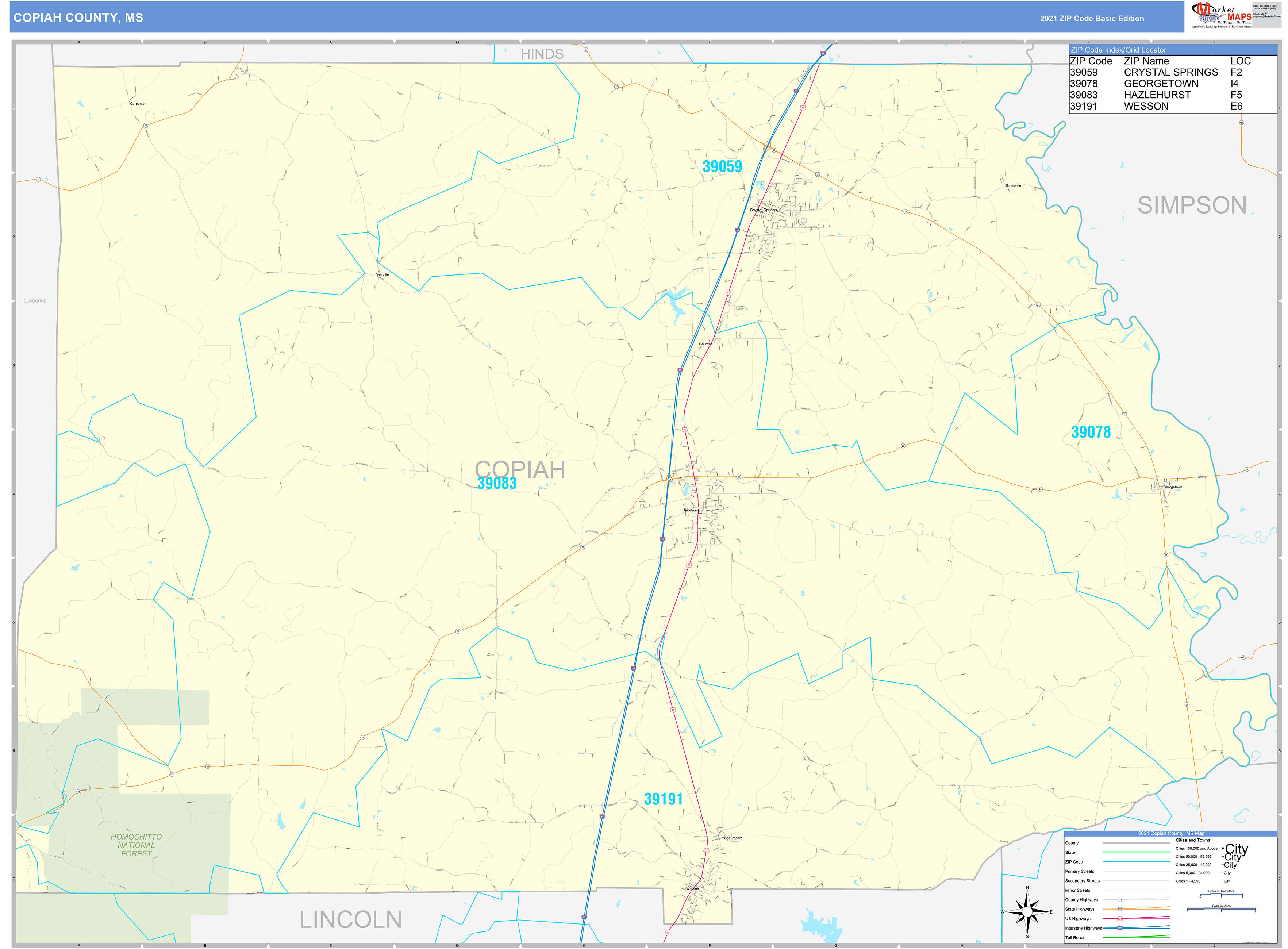 Copiah County, MS Zip Code Wall Map Basic Style by MarketMAPS