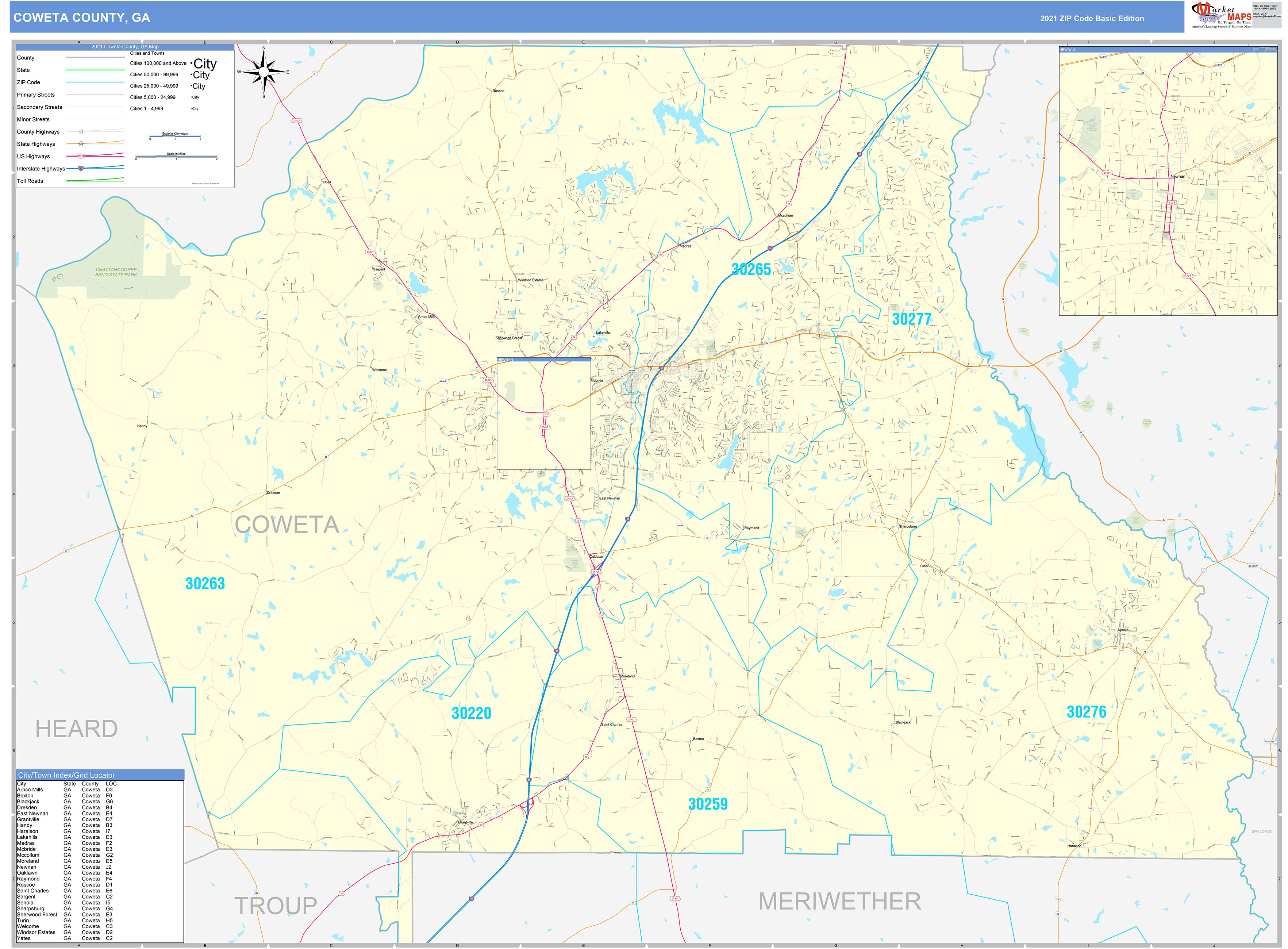 Coweta County GA Zip Code Wall Map Basic Style by MarketMAPS MapSales