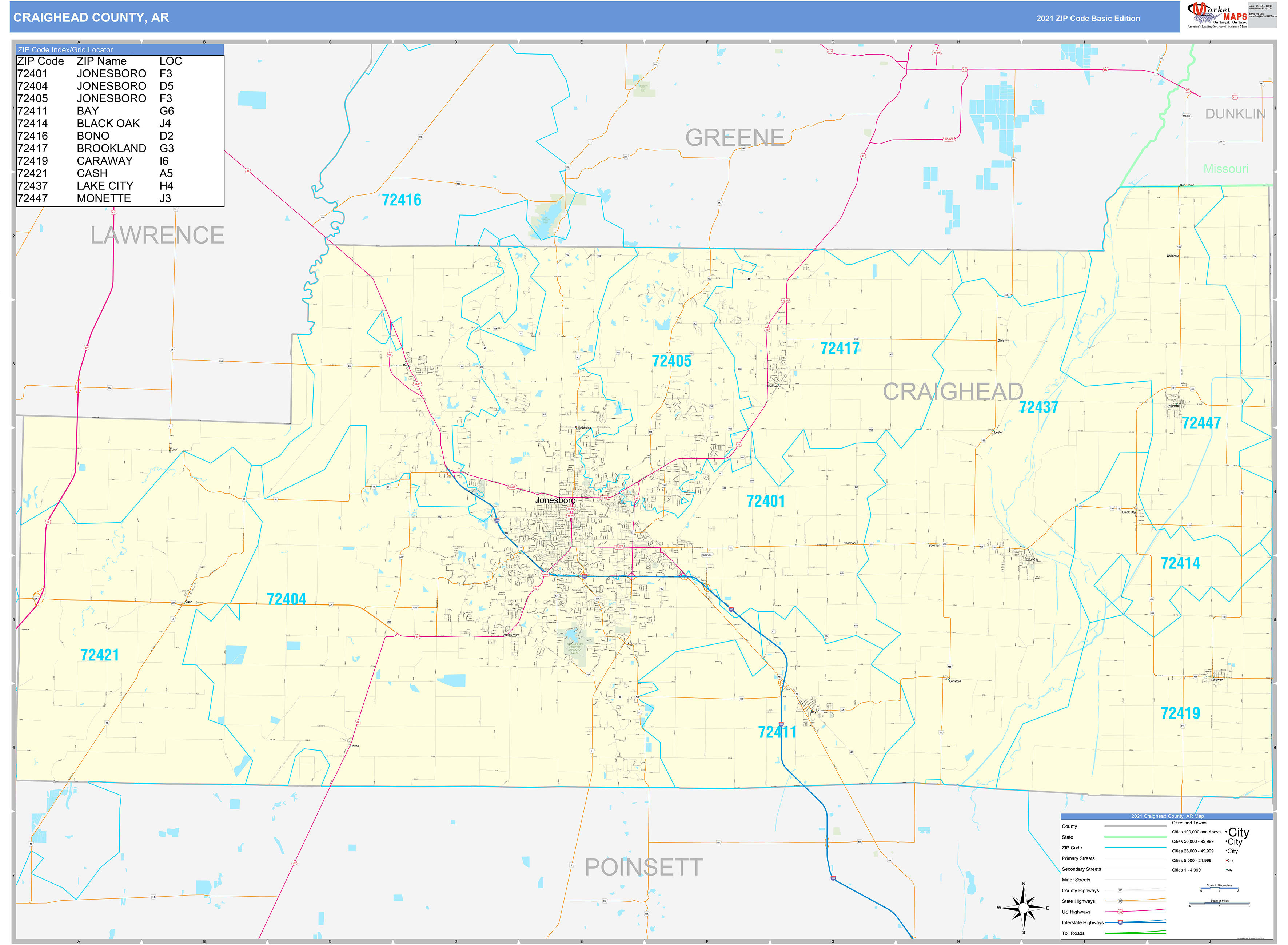 Craighead County Ar Zip Code Wall Map Red Line Style By Marketmaps ...