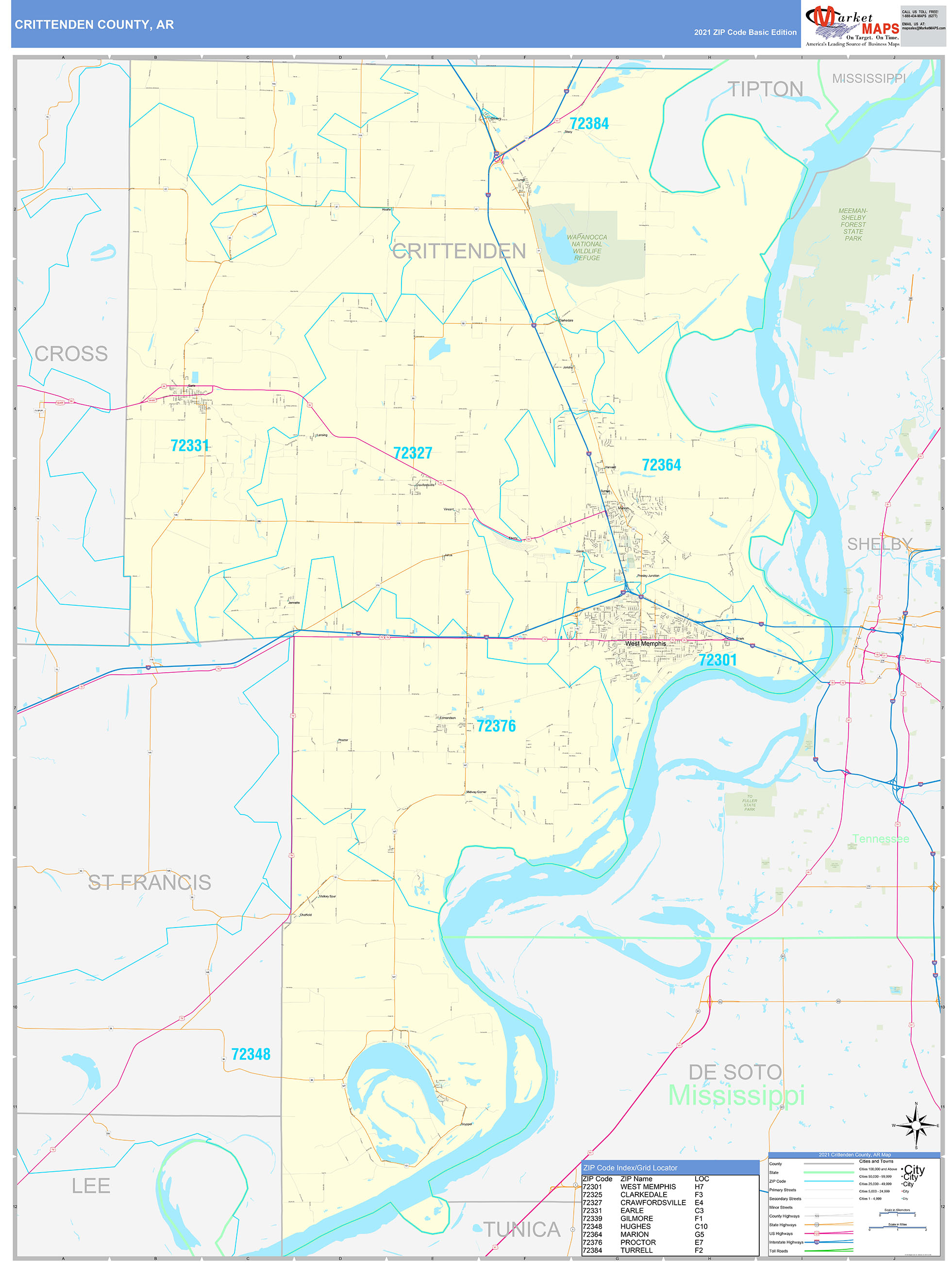 Crittenden County, AR Zip Code Wall Map Basic Style by MarketMAPS ...